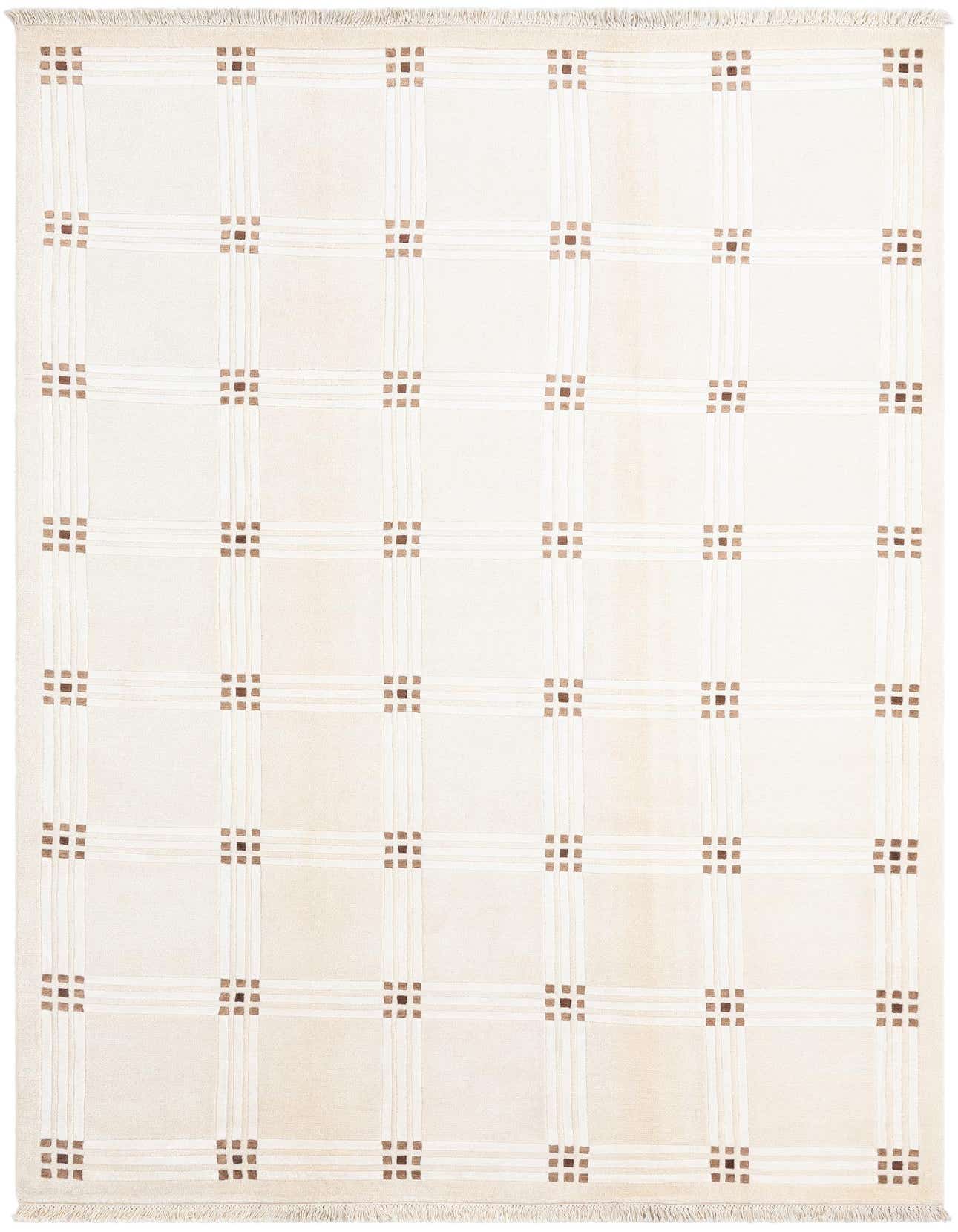 A 7x10 rectangular ivory wool rug with a modern grid pattern featuring thin white lines and small brown squares.