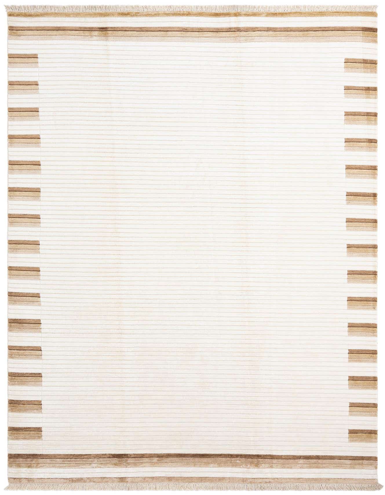 A 7x10 rectangular ivory wool rug with thin horizontal stripes and a modern oriental pattern, featuring brown and cream borders.