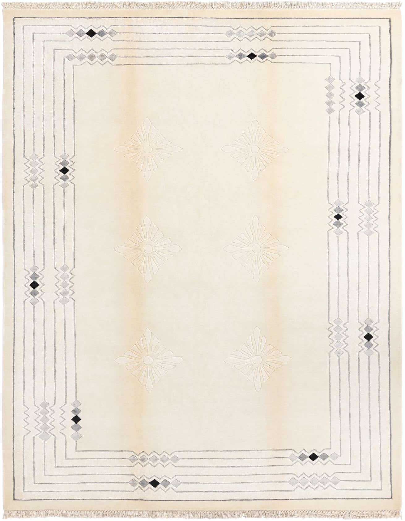 A 7x10 rectangular ivory wool rug with a modern oriental pattern, featuring a grey geometric border and subtle floral motifs in the center.