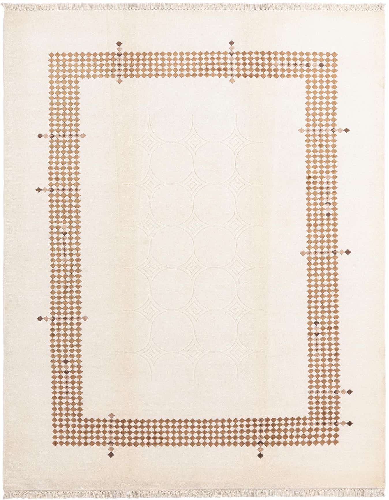 A 7x10 rectangular ivory wool rug with a modern oriental design, featuring a tan geometric border and subtle embossed patterns in the center.