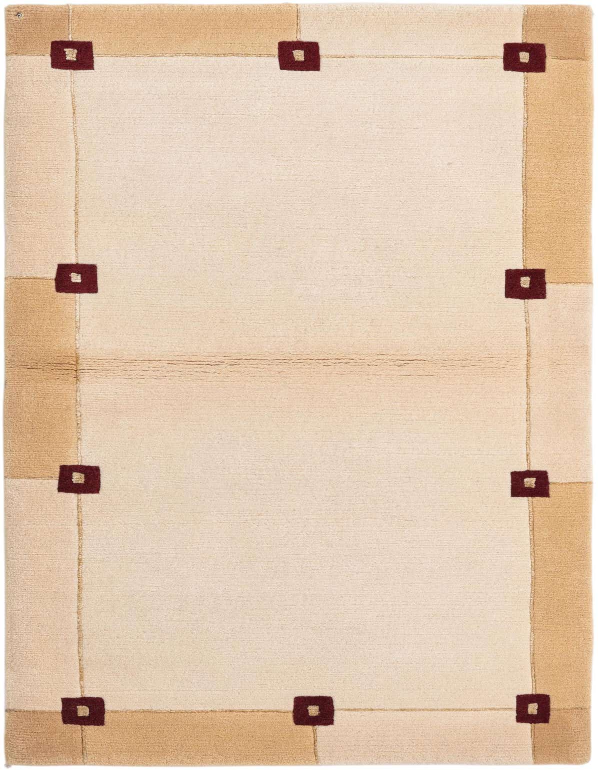 A 3x5 rectangular ivory modern rug with a light brown border and dark red square accents, suitable for a living room.