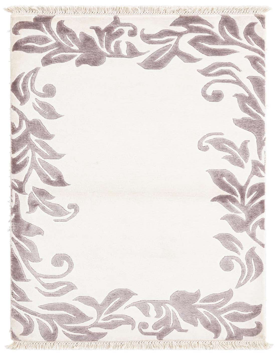 A 3x5 rectangular ivory wool rug with a modern oriental pattern of large, flowing gray leaves bordering the edges.