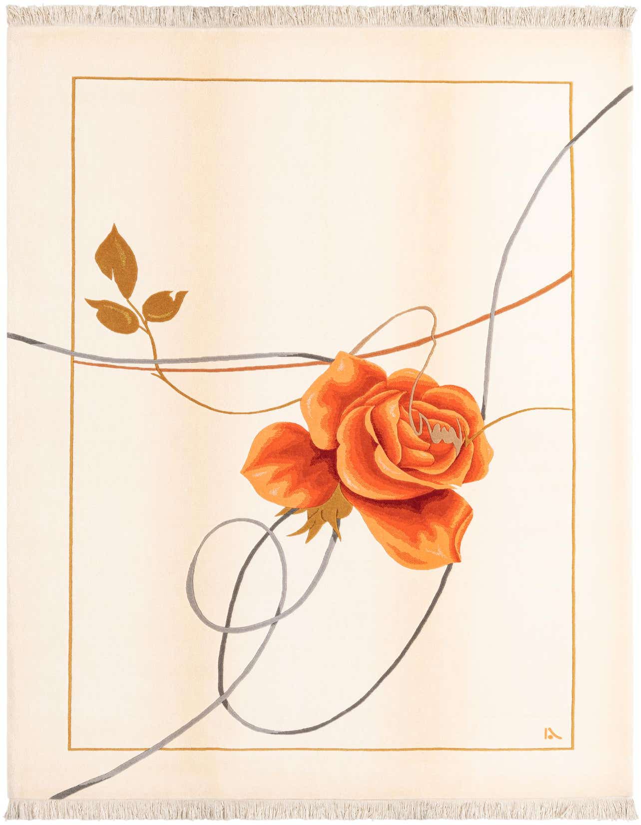 A 7x10 rectangular ivory wool rug with a large orange rose, brown leaves, and abstract gray and orange lines.