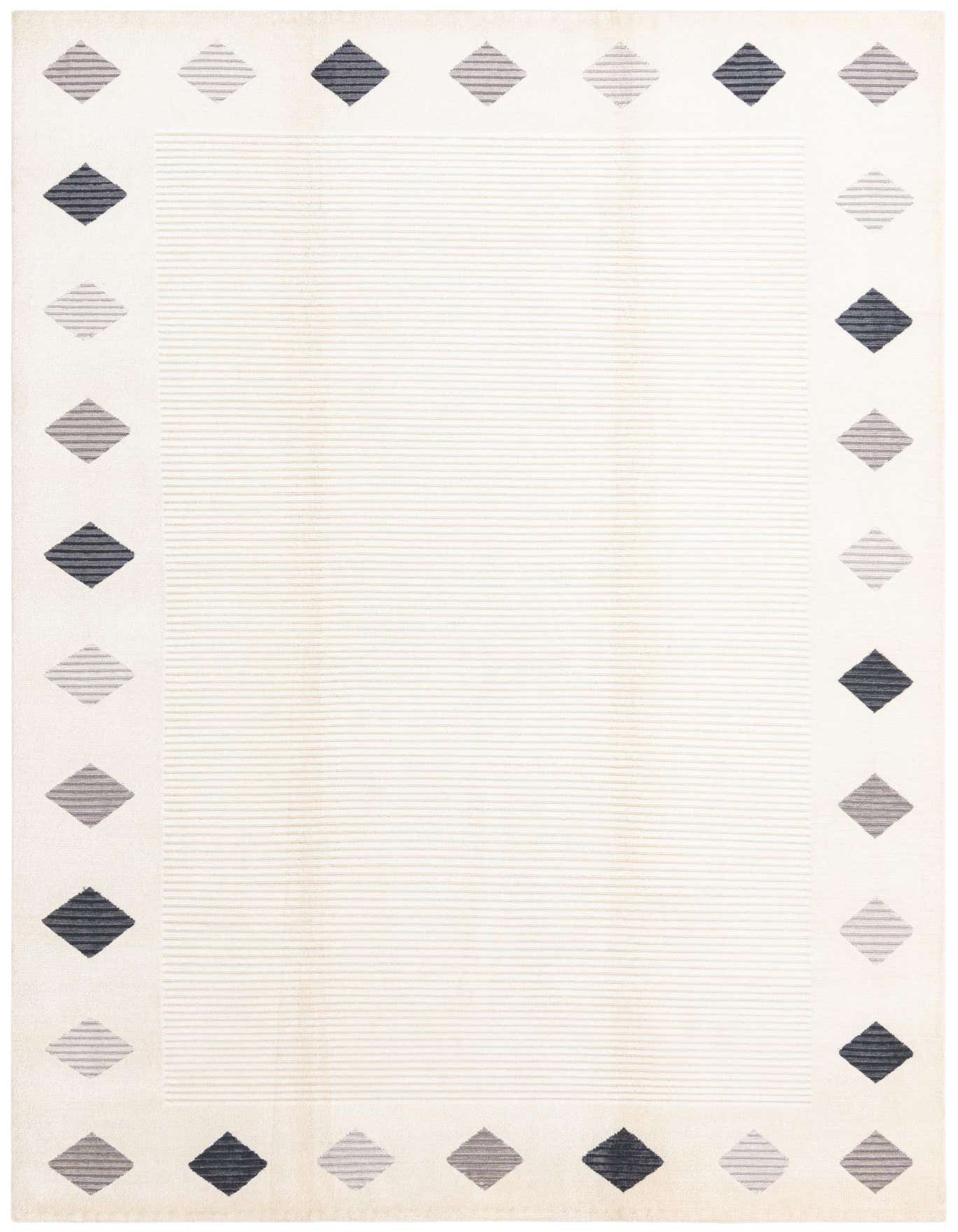 A 7x10 rectangular ivory wool rug with a modern oriental pattern featuring a border of alternating dark gray and light gray striped diamond shapes.