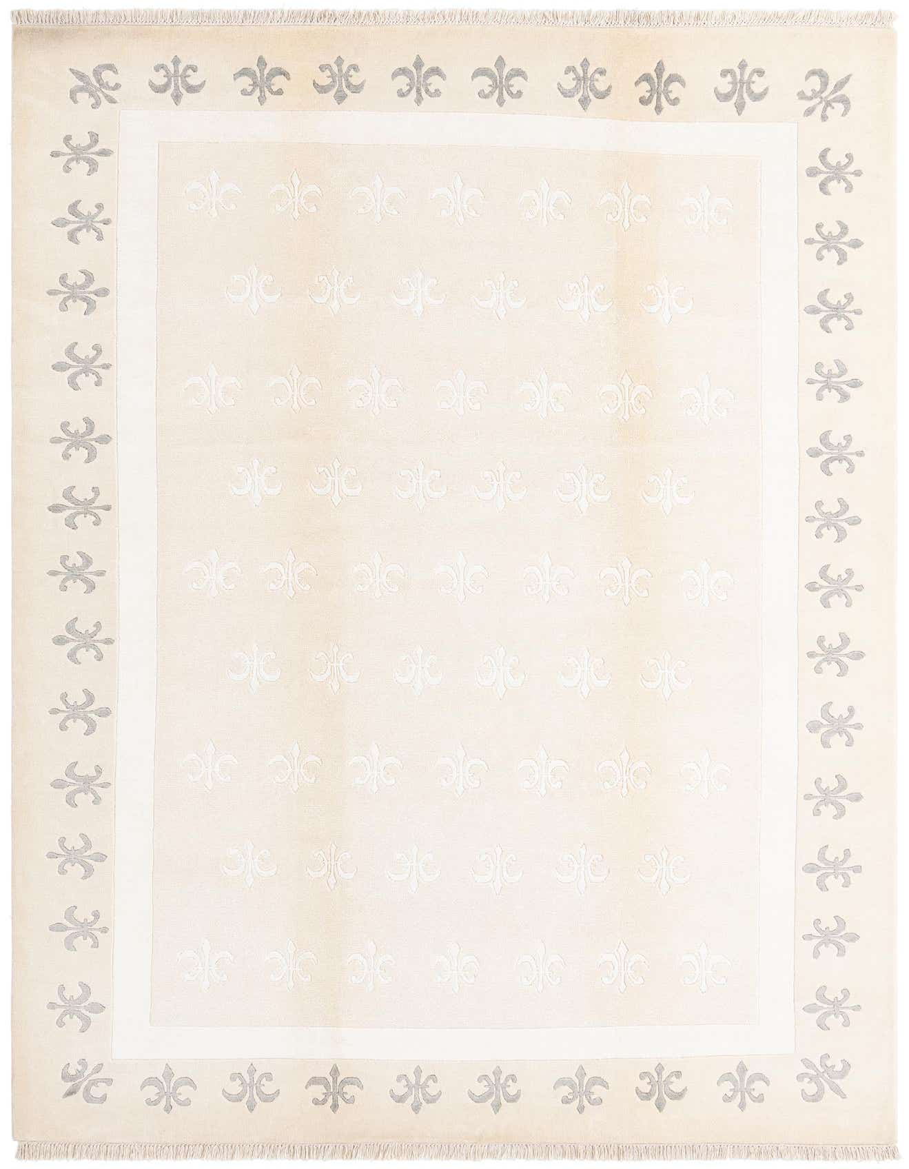 A 7x10 rectangular ivory wool rug with a subtle cream fleur-de-lis pattern and a light gray border.