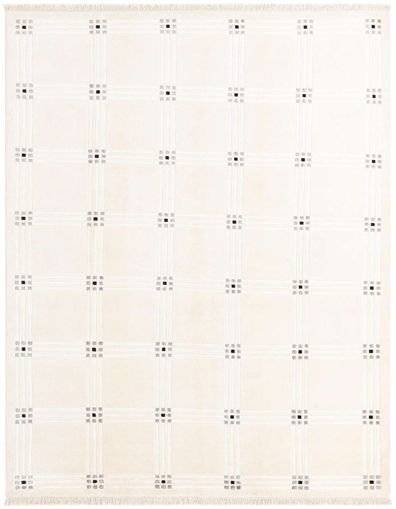 A 7x10 rectangular Darya rug in ivory and cream with a modern plaid pattern and black accents.