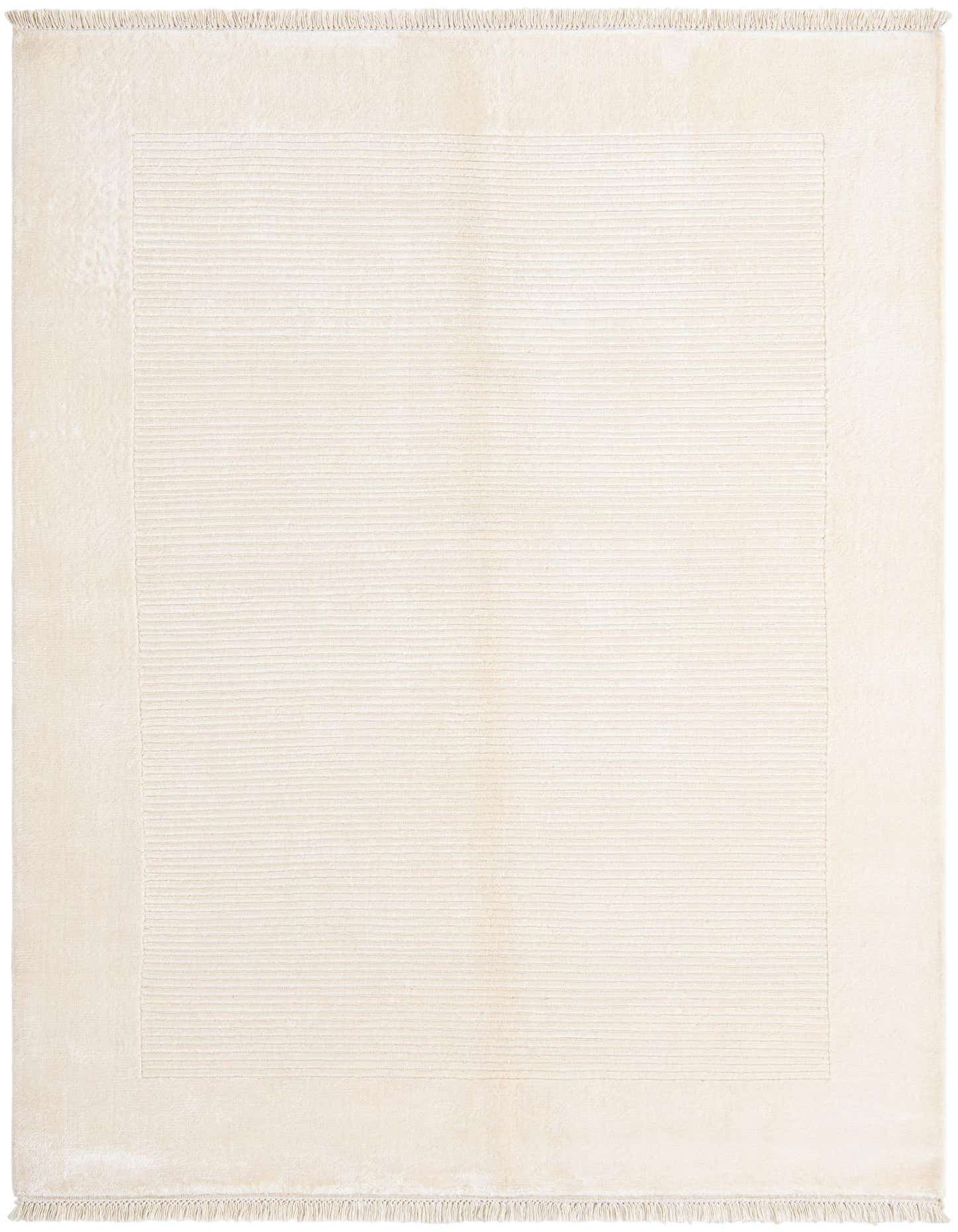 A 4x6 rectangular ivory wool rug with a subtle modern striped pattern and a plain border, featuring short fringes.