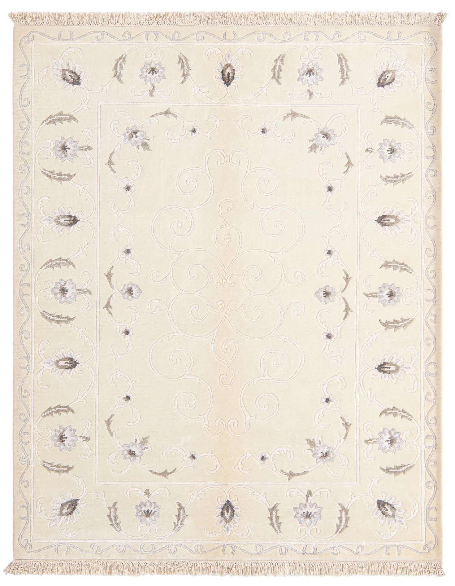 A 4x6 rectangular ivory wool rug with a subtle modern oriental pattern, featuring light grey floral and scroll motifs.