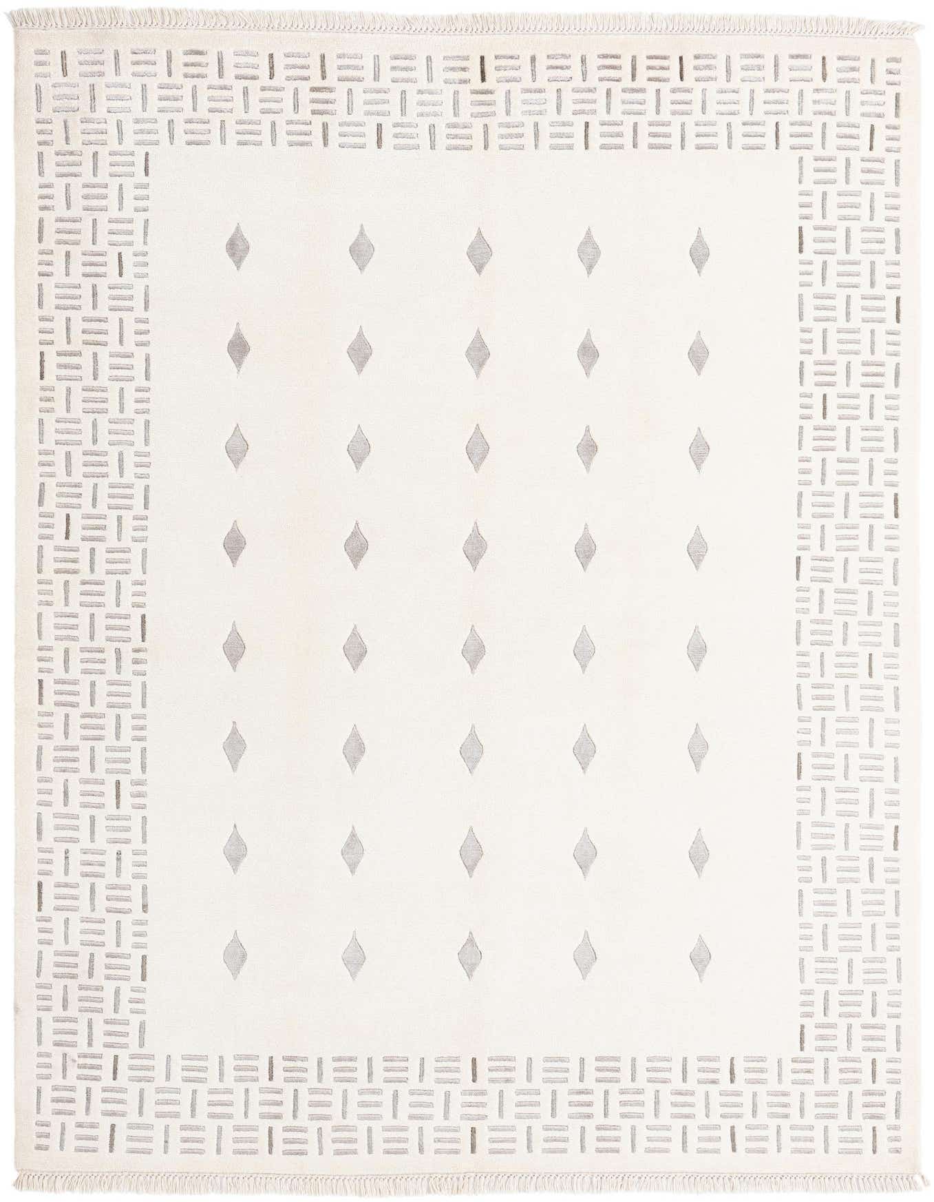 A 5x8 rectangular ivory wool rug with a modern pattern of grey diamonds and a geometric border.