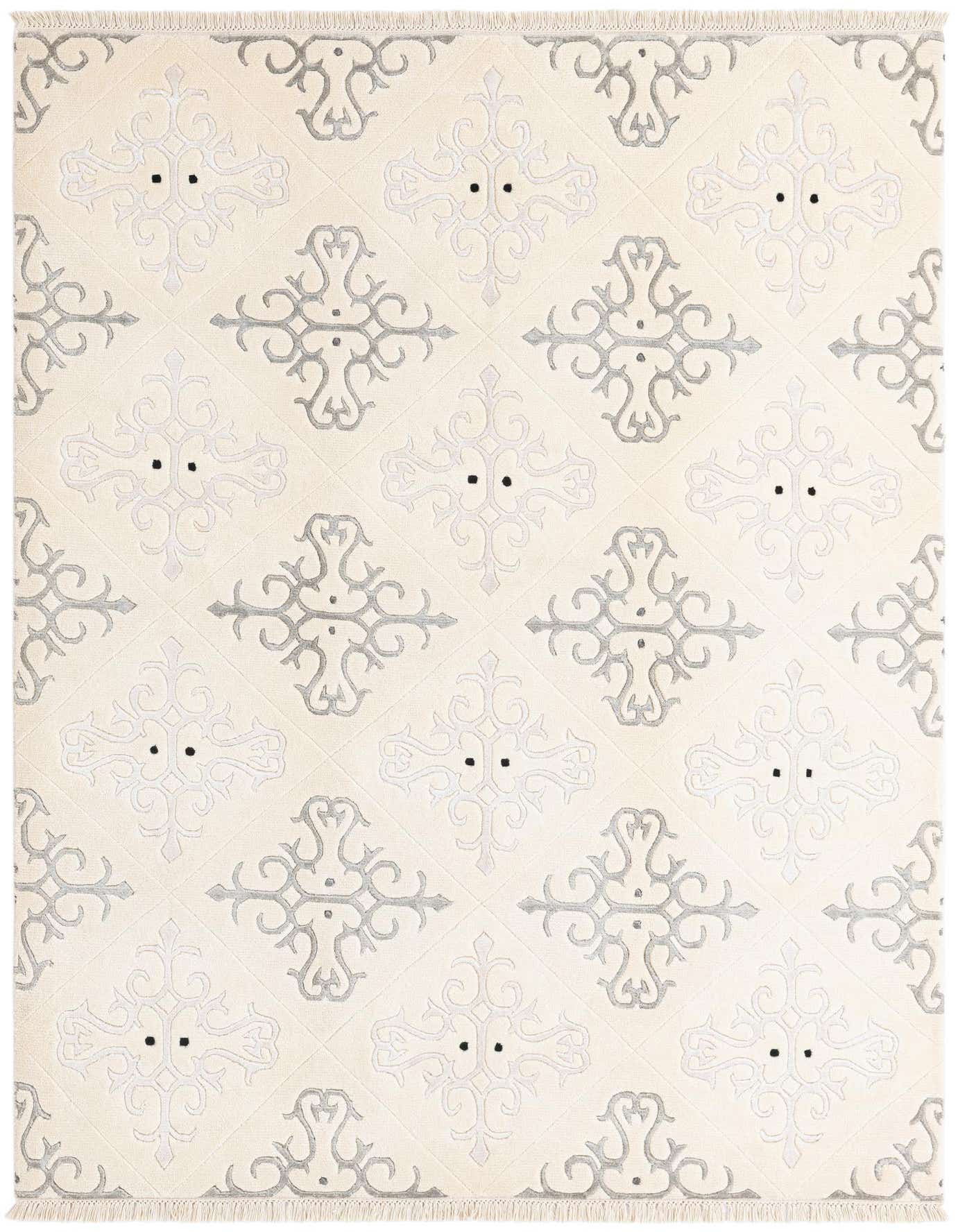 A 4x6 rectangular ivory modern rug with an intricate light gray and dark gray scroll pattern, perfect for a living room.