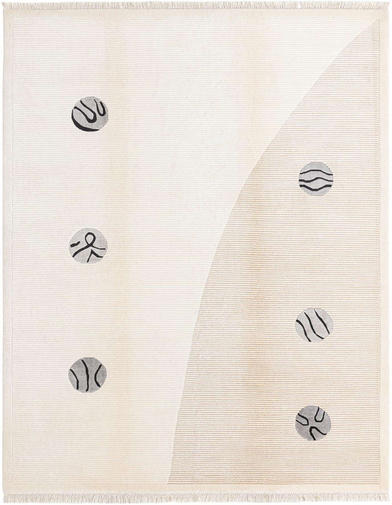 A 5x8 rectangular ivory modern wool rug with an abstract design featuring black and gray circular motifs and a curved beige striped section.