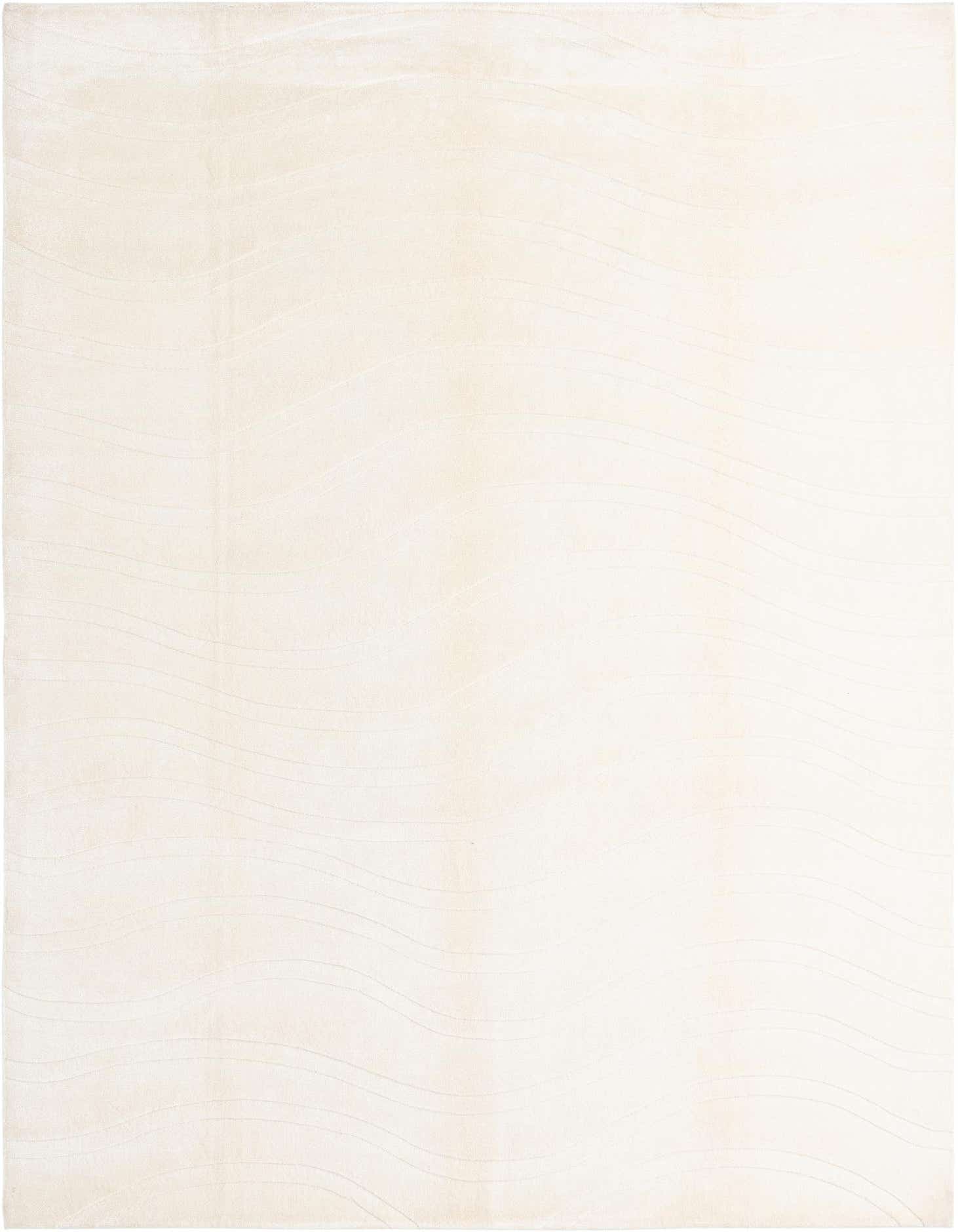 A large 8x12 rectangular ivory area rug with a subtle, modern wavy pattern, perfect for a living room.