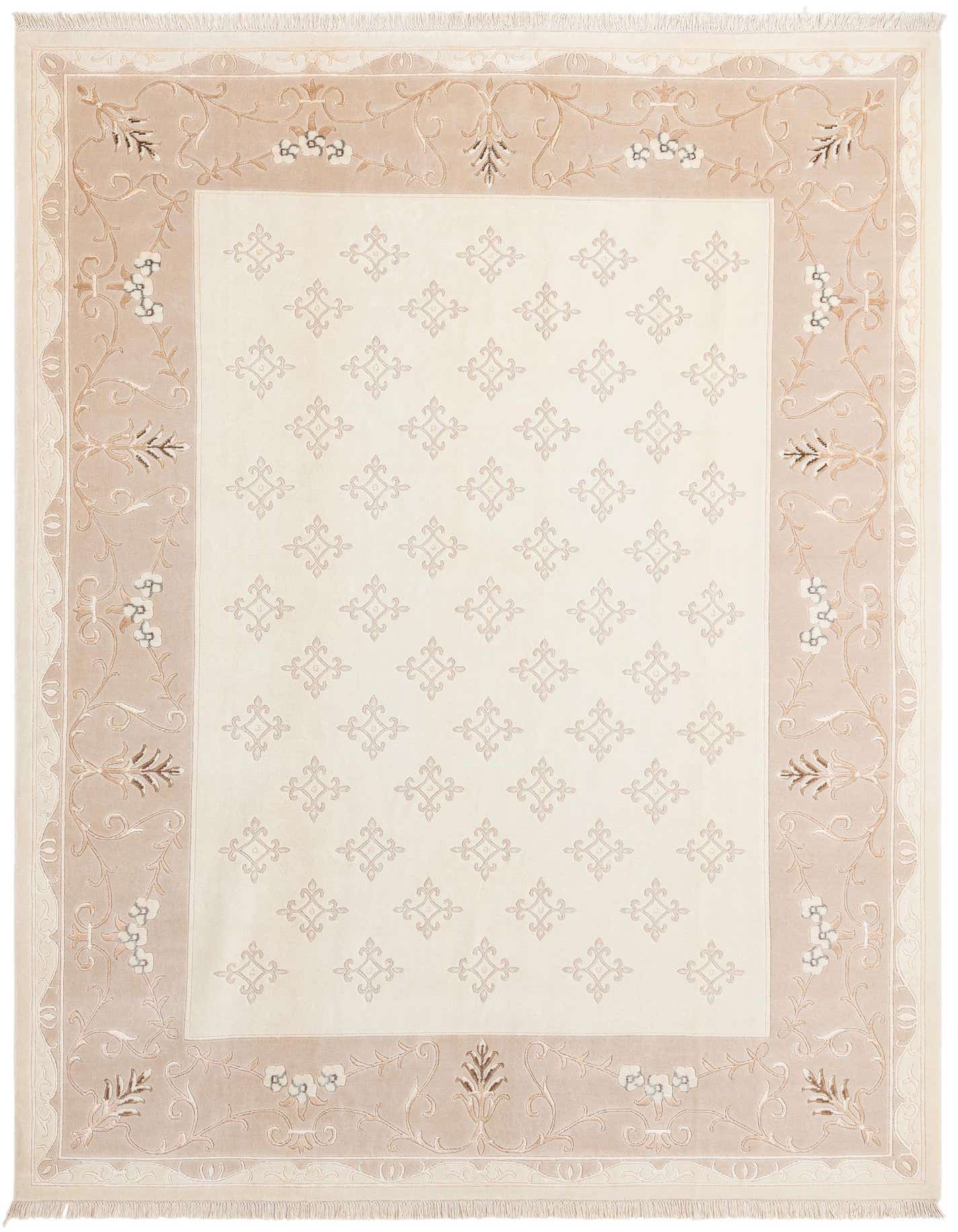 An 8x11 rectangular ivory and cream rug with a modern oriental pattern, featuring a central field of repeating geometric motifs and an ornate floral border.
