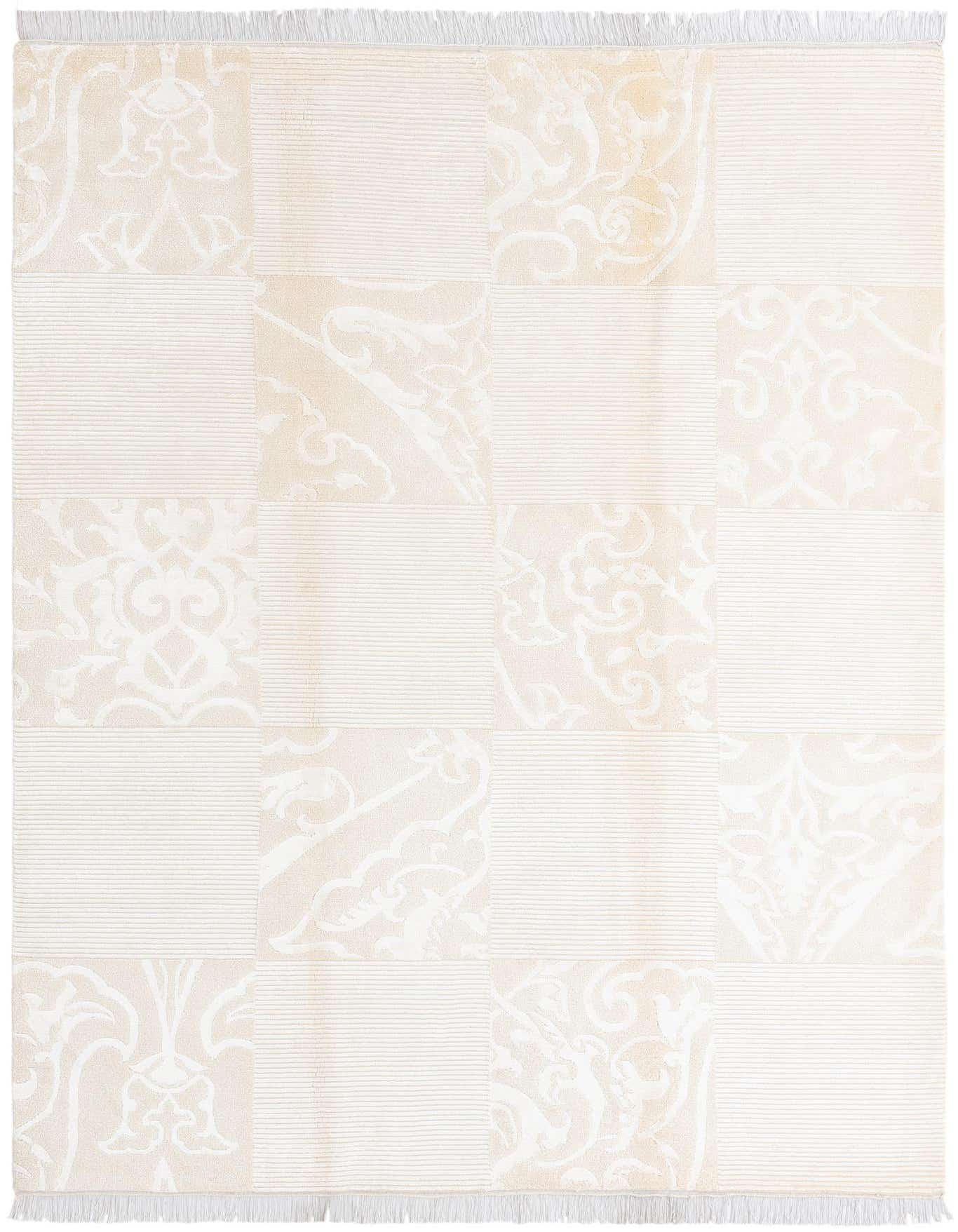 A 5x8 rectangular ivory and cream rug with a modern oriental patchwork design, featuring alternating striped and ornate patterned squares, with fringe.