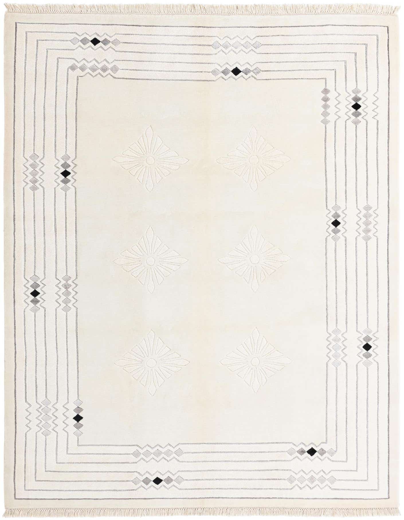 A 5x8 rectangular ivory modern rug with a subtle geometric border and floral medallions, ideal for a living room.