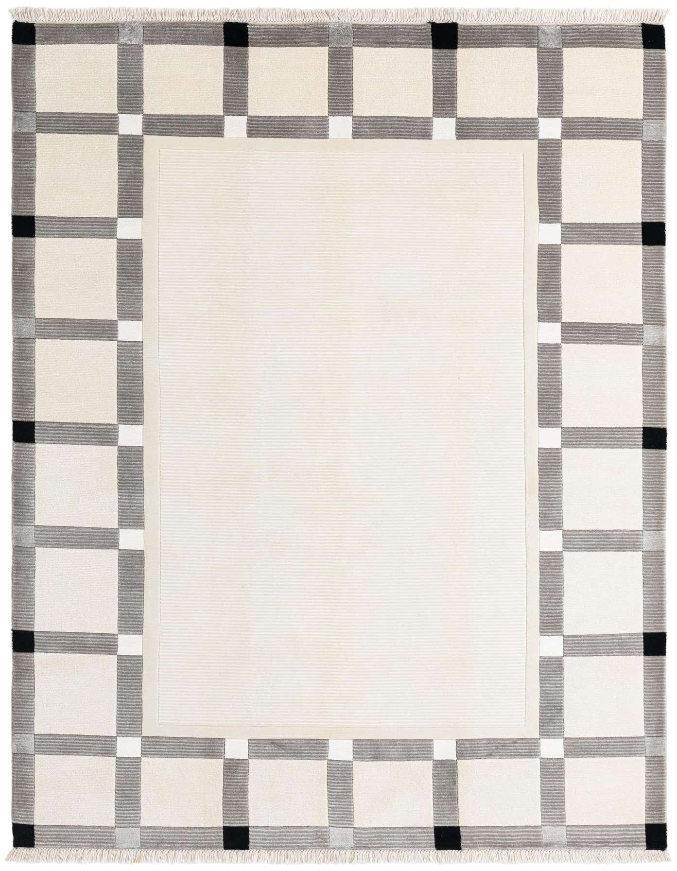 A 5x8 rectangular ivory wool rug with a modern oriental checkered border in gray and black, featuring a high pile.