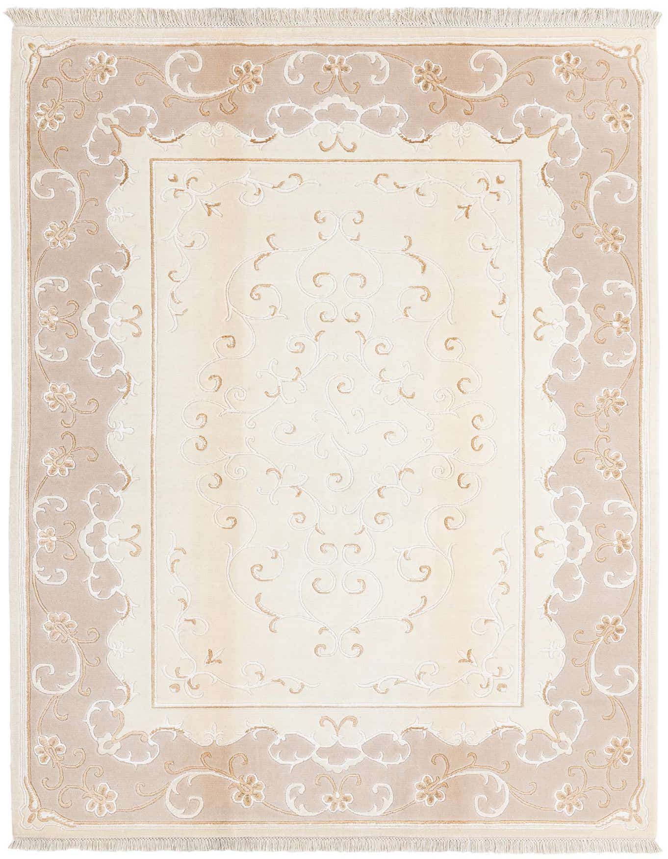 A 5x8 rectangular Darya rug in ivory and cream with an elegant modern oriental pattern and fringe.