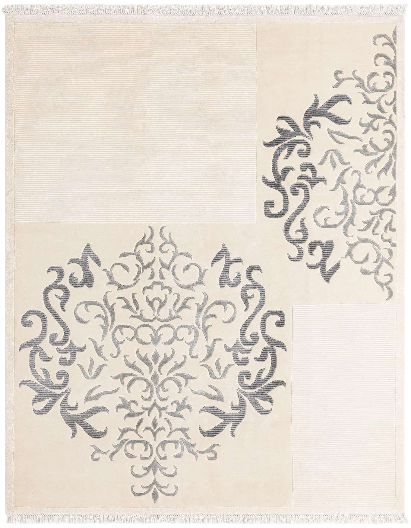 A 5x8 rectangular ivory area rug with a modern oriental pattern in shades of cream and gray, featuring an ornate central medallion and corner flourishes.