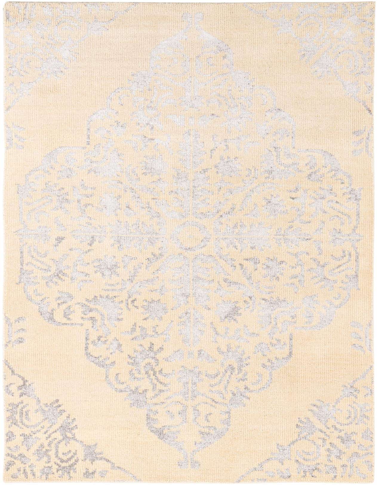 A 5x8 rectangular ivory area rug with a subtle, raised silver traditional medallion pattern, ideal for a living room.