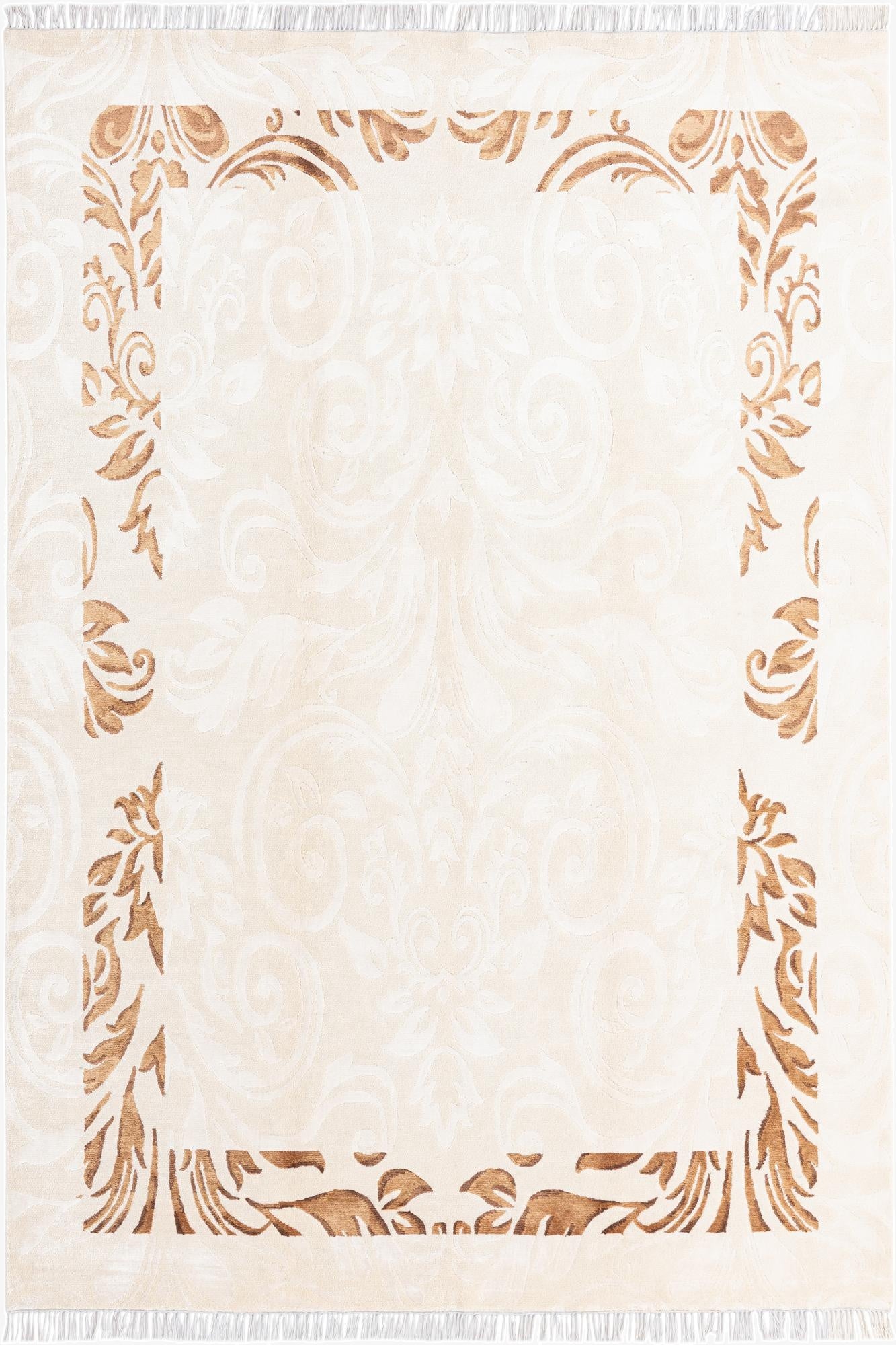 A 5x8 rectangular ivory wool rug with a subtle cream floral pattern and a bold brown modern border.