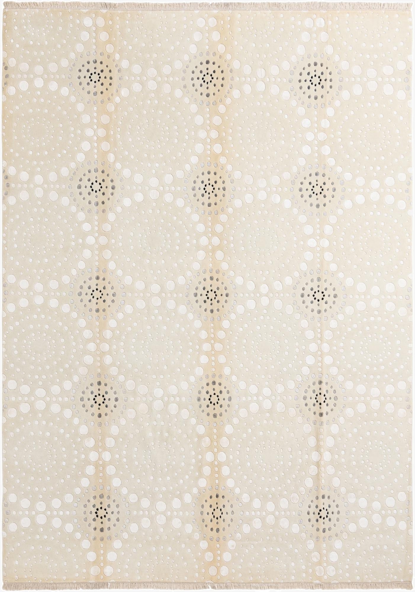 A rectangular 8x11 ivory wool rug with a modern oriental pattern of varying white and gray circles on a cream background.