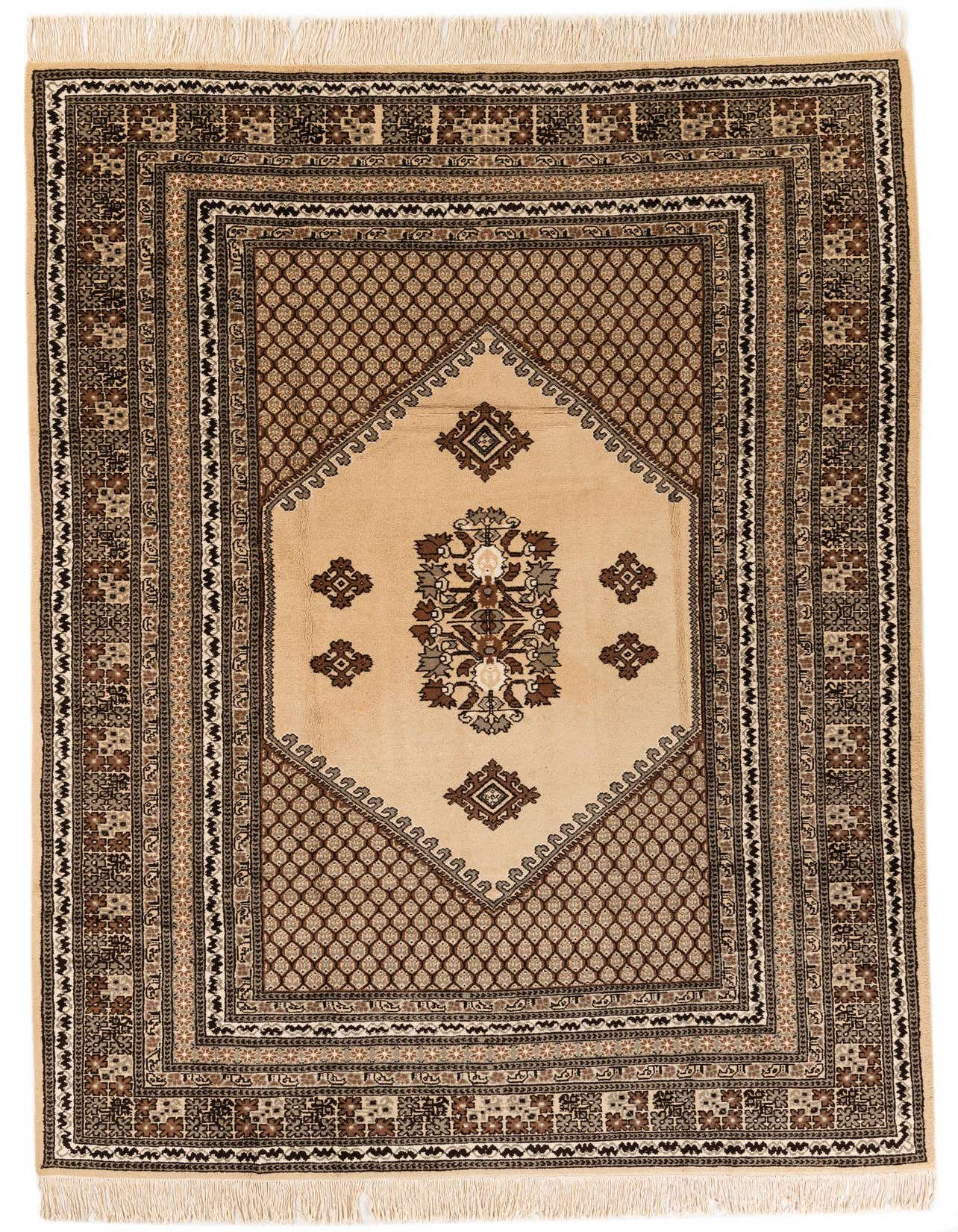 A 6x9 rectangular Ferdos rug in ivory and brown with a traditional Persian medallion pattern and fringe.