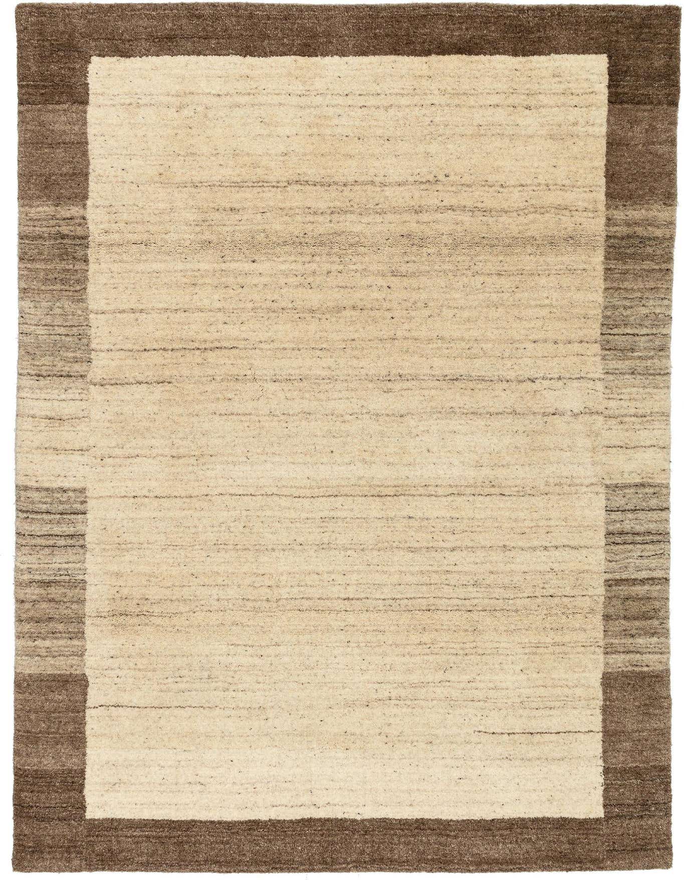 A 4x6 rectangular Gabbeh rug featuring a cream-colored center with subtle horizontal lines, framed by a wide, dark brown border.
