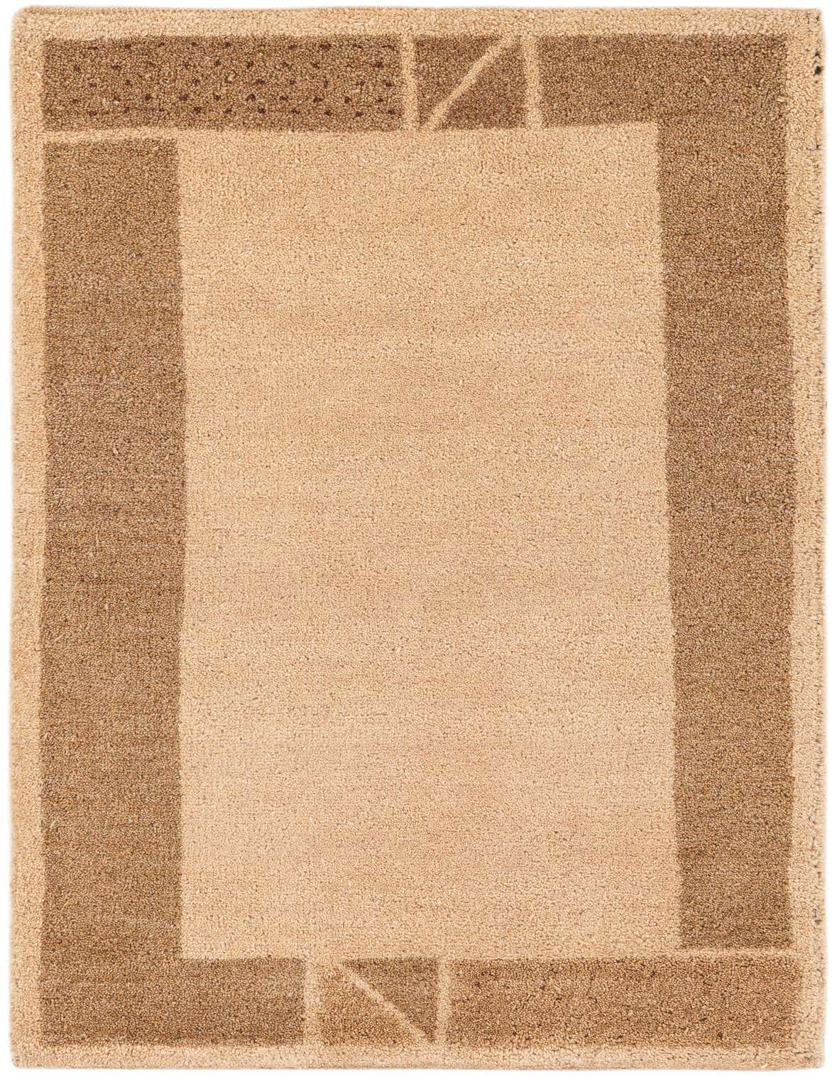 A 3x4 rectangular ivory wool rug with a modern geometric border in a darker beige tone.