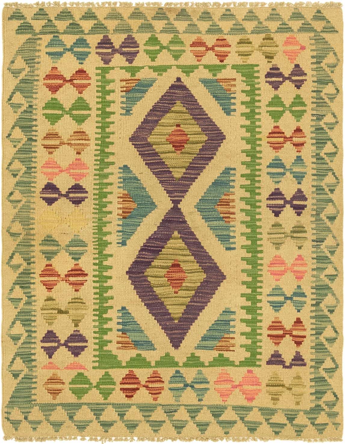 A 3x4 rectangular Kilim Maymana rug with a cream background and colorful Southwestern geometric patterns in blues, greens, purples, and reds.