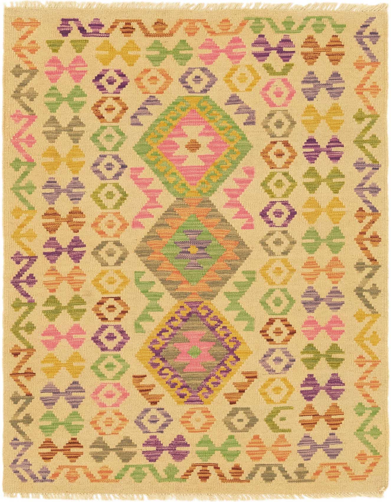 A 4x6 rectangular ivory Kilim Maymana flatweave rug with a colorful traditional tribal pattern, handmade from wool.
