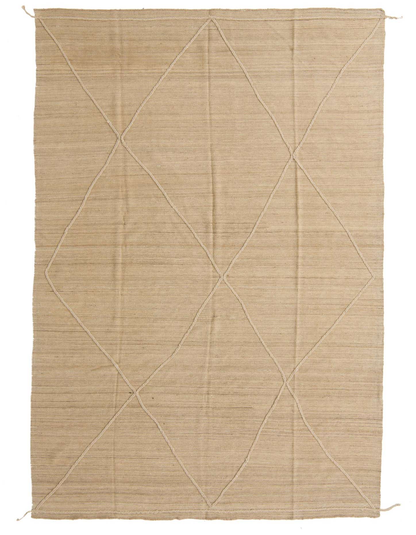 A 7x10 rectangular ivory flatweave wool rug with a subtle tribal diamond pattern, ideal for a living room.