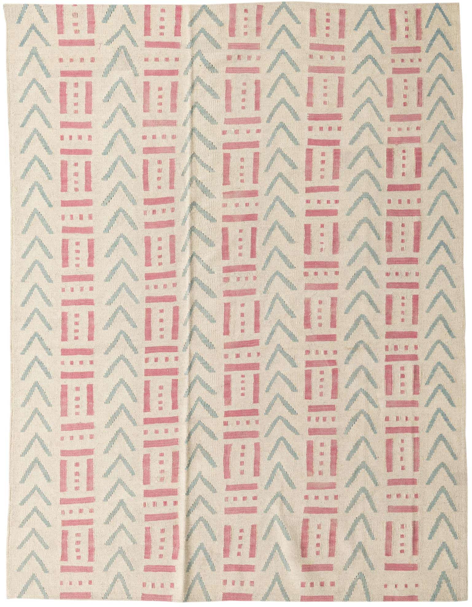 A 6x9 rectangular ivory flatweave rug with a repeating tribal pattern of pink rectangles and light blue chevron arrows.