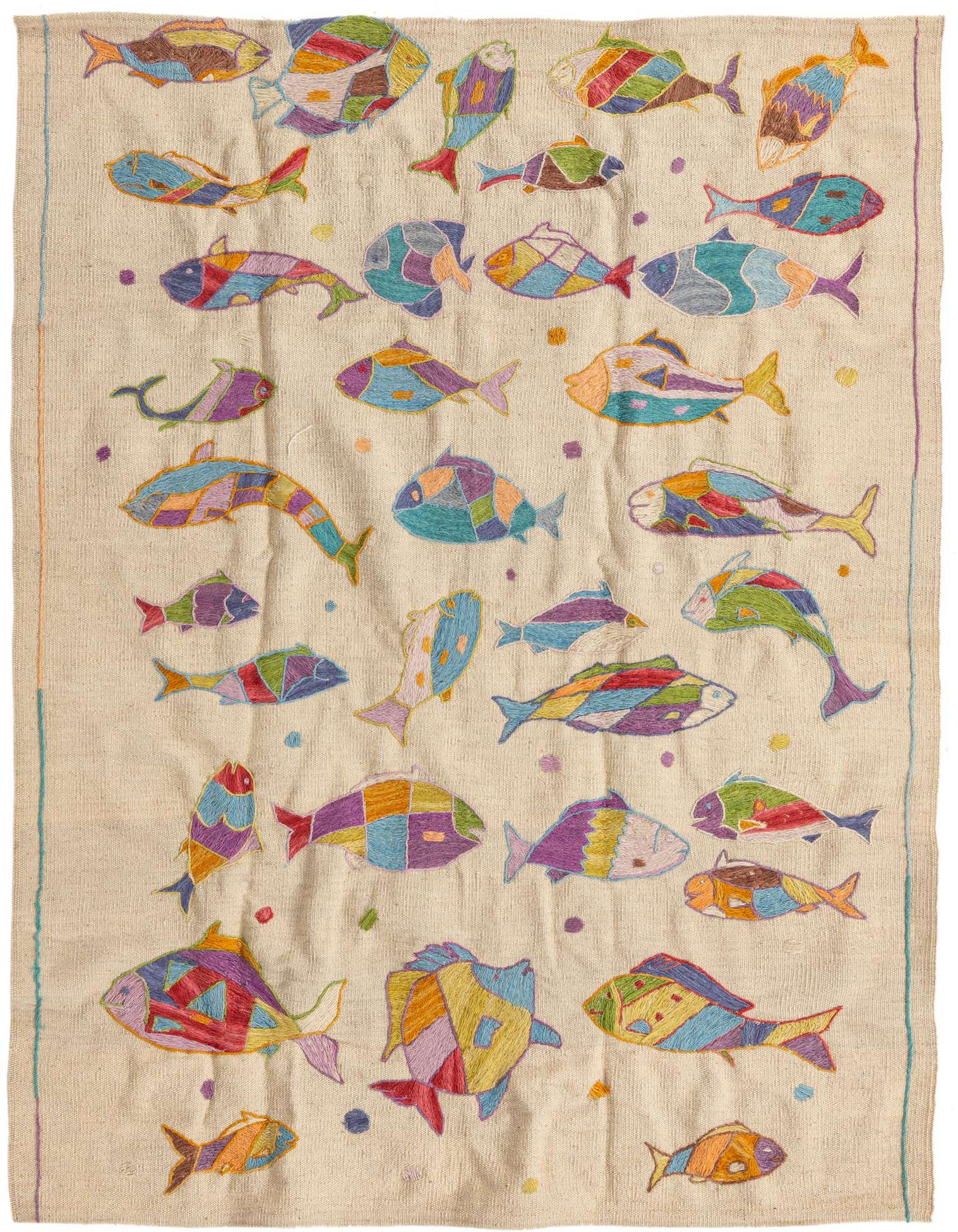 A 4x6 ivory flatweave rug with a colorful, modern tribal fish pattern, ideal for a living room or entryway.