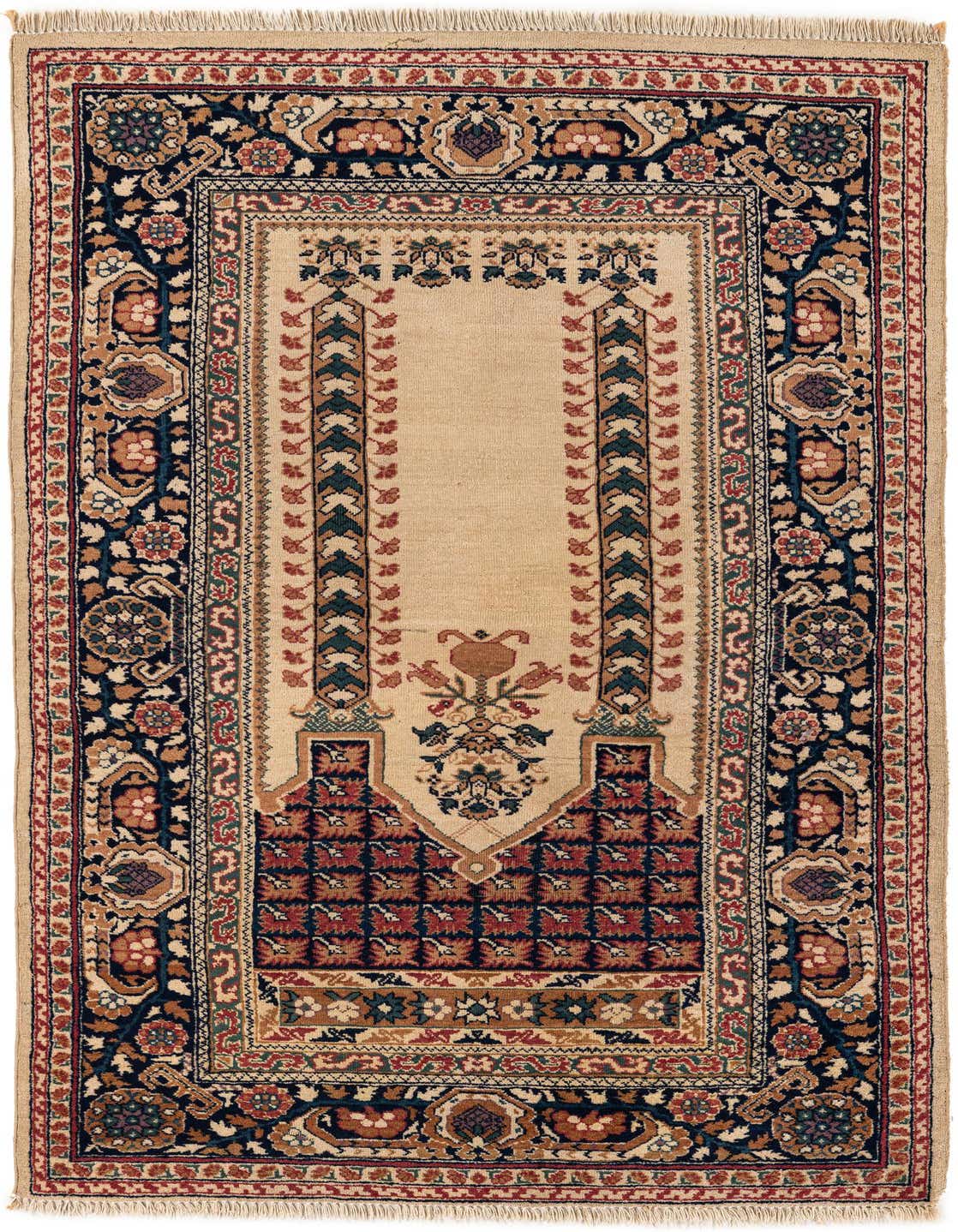 A 3x5 rectangular Lahour rug featuring a traditional Oriental pattern with a cream field and intricate floral borders in navy, red, and gold.