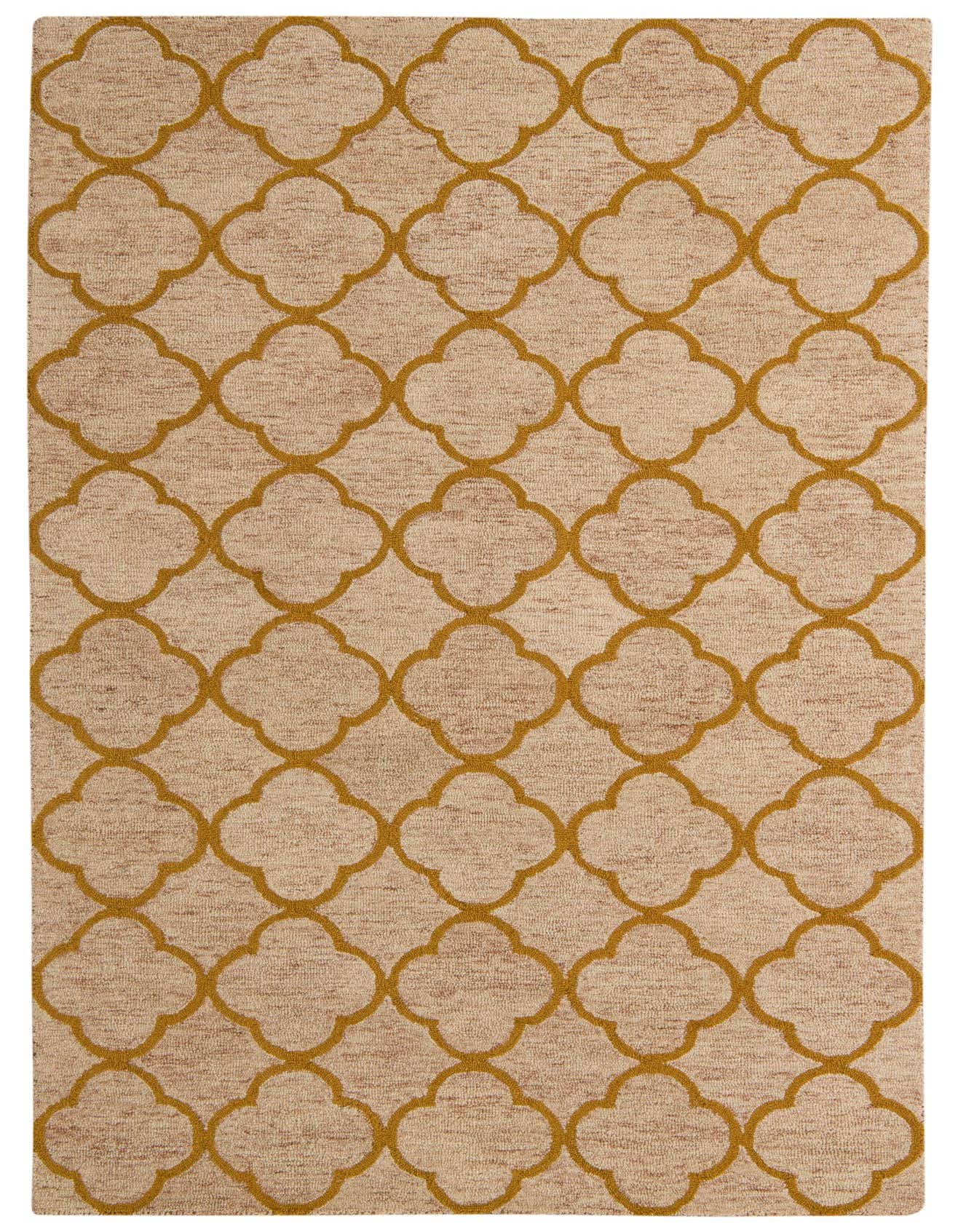 A 5x8 rectangular ivory area rug with a repeating gold quatrefoil pattern, made from wool and cotton.