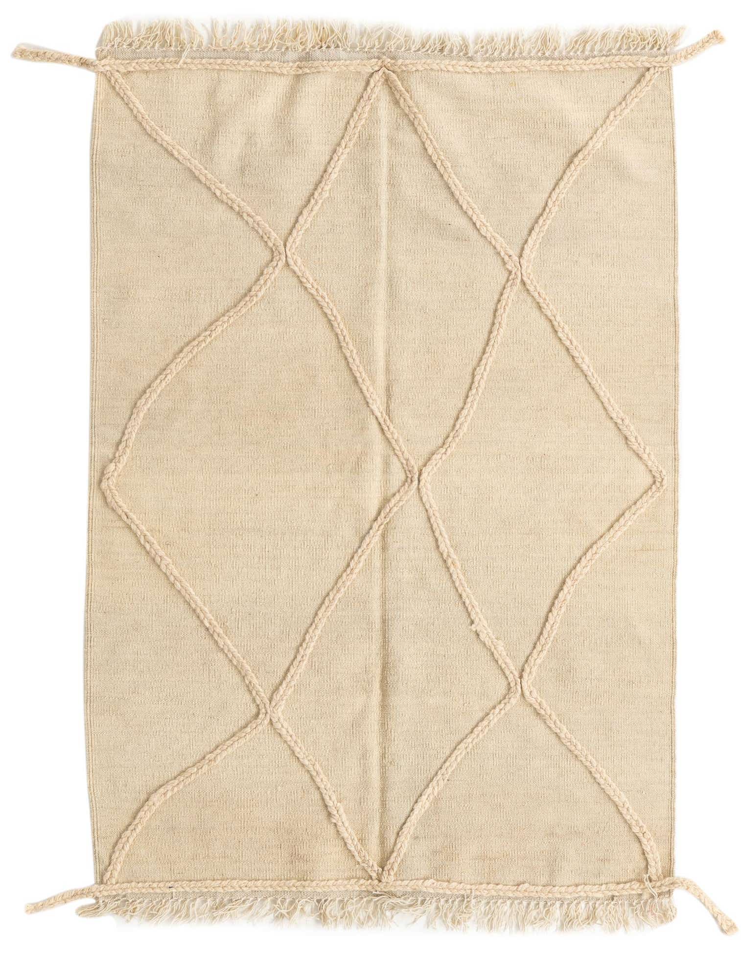 A 3x5 rectangular ivory wool shag rug with a braided diamond pattern and fringed edges, suitable for indoor spaces.