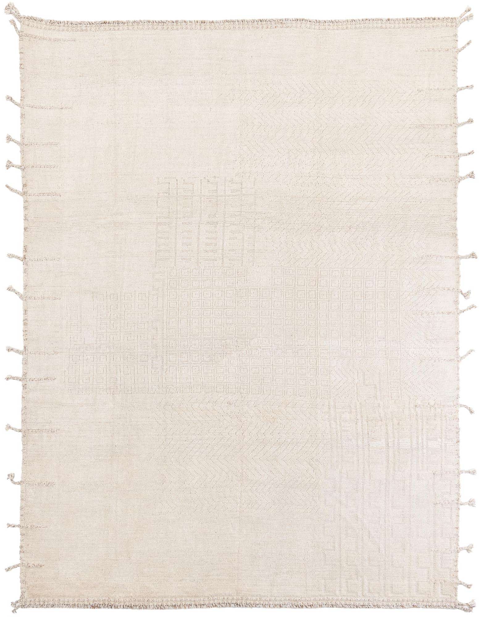 An 8x10 rectangular ivory wool shag rug with subtle tribal geometric patterns and braided tassels on the sides.