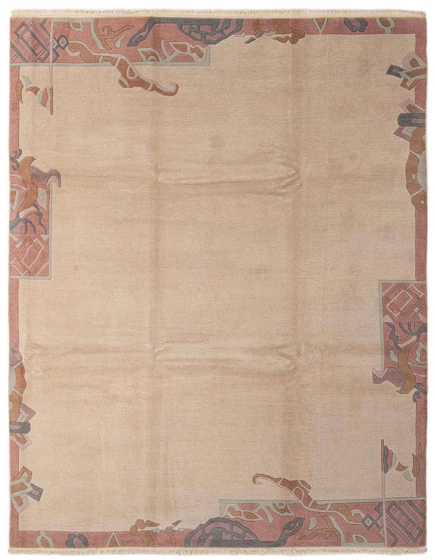 An 8x12 rectangular ivory wool rug with a modern abstract border in shades of cream, pink, and gray.