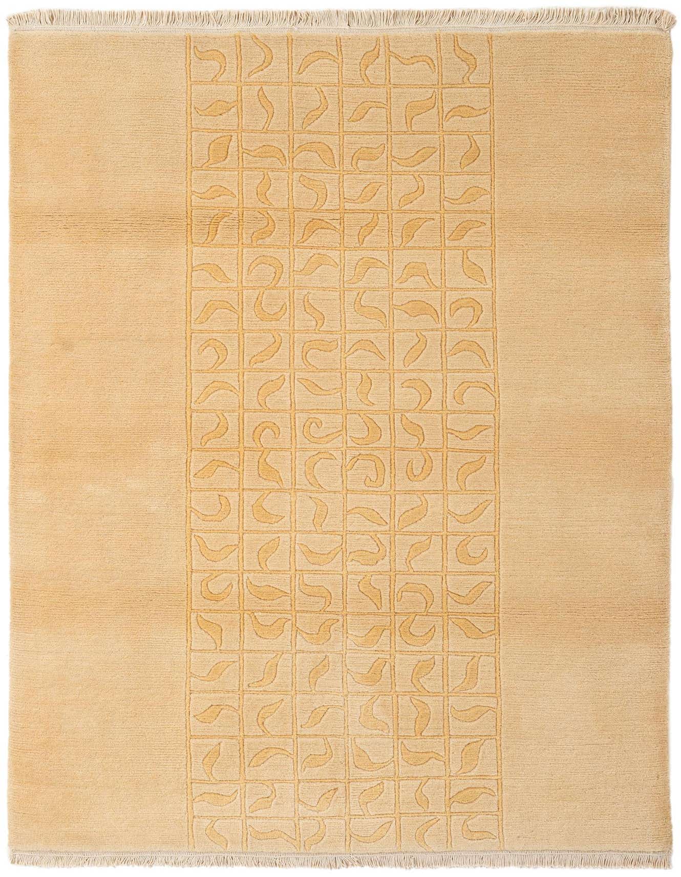 A 4x6 rectangular ivory wool rug with a central modern abstract pattern of light gold squares and swirling shapes.