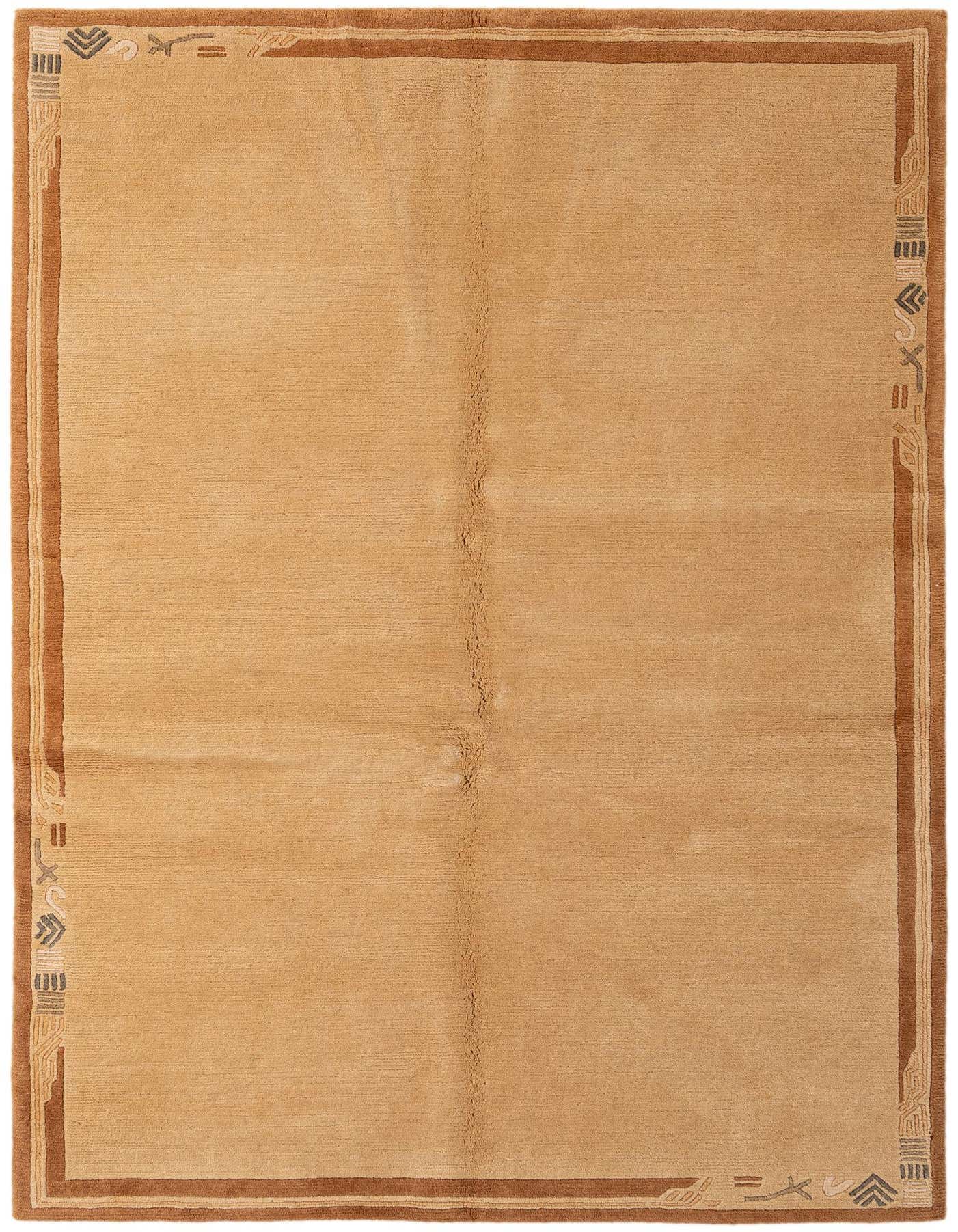 A 5x7 rectangular ivory wool rug featuring a modern oriental border with abstract patterns in brown and gray tones.