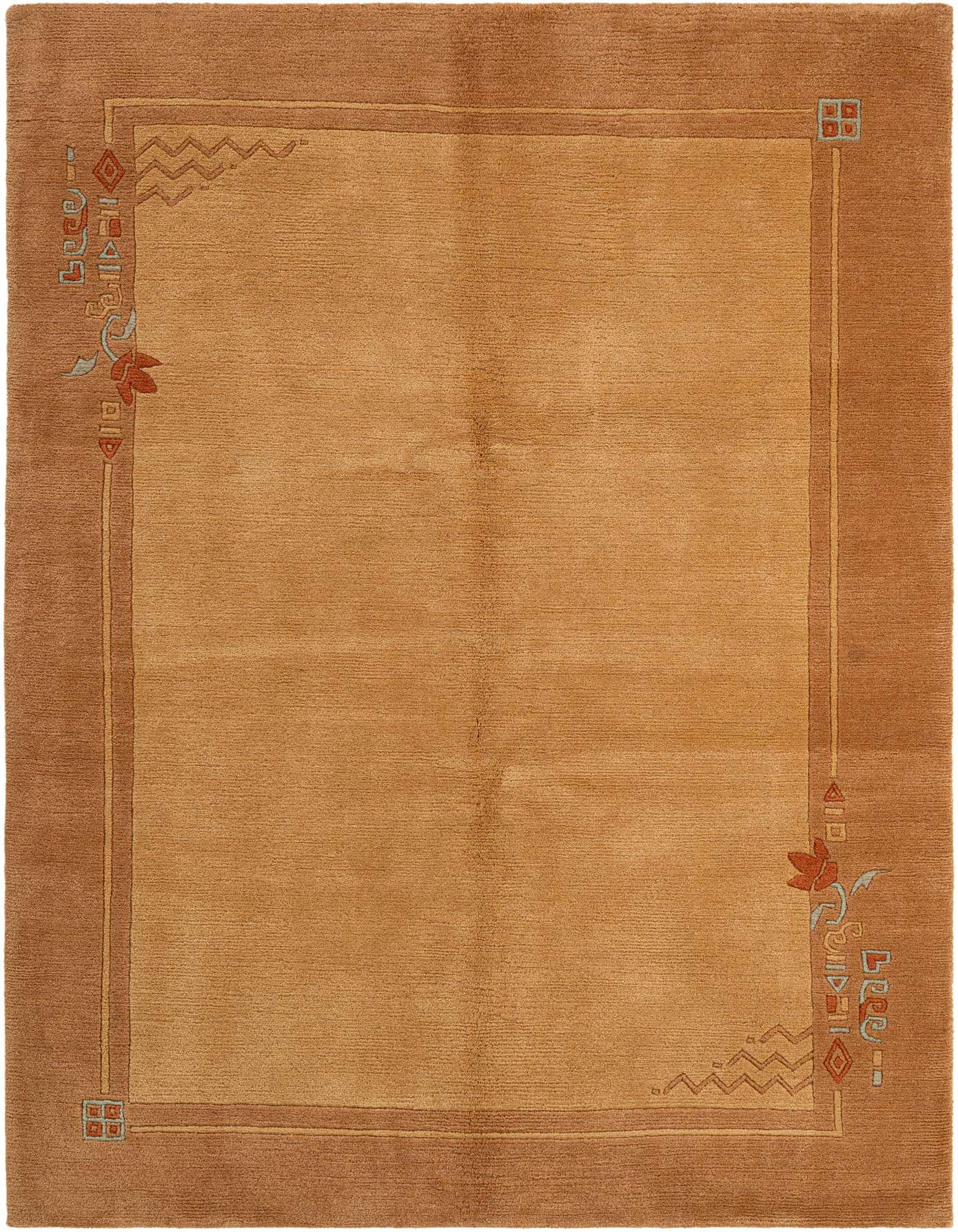 A 4x6 rectangular ivory wool rug with a modern oriental abstract border in shades of cream, brown, and subtle red.