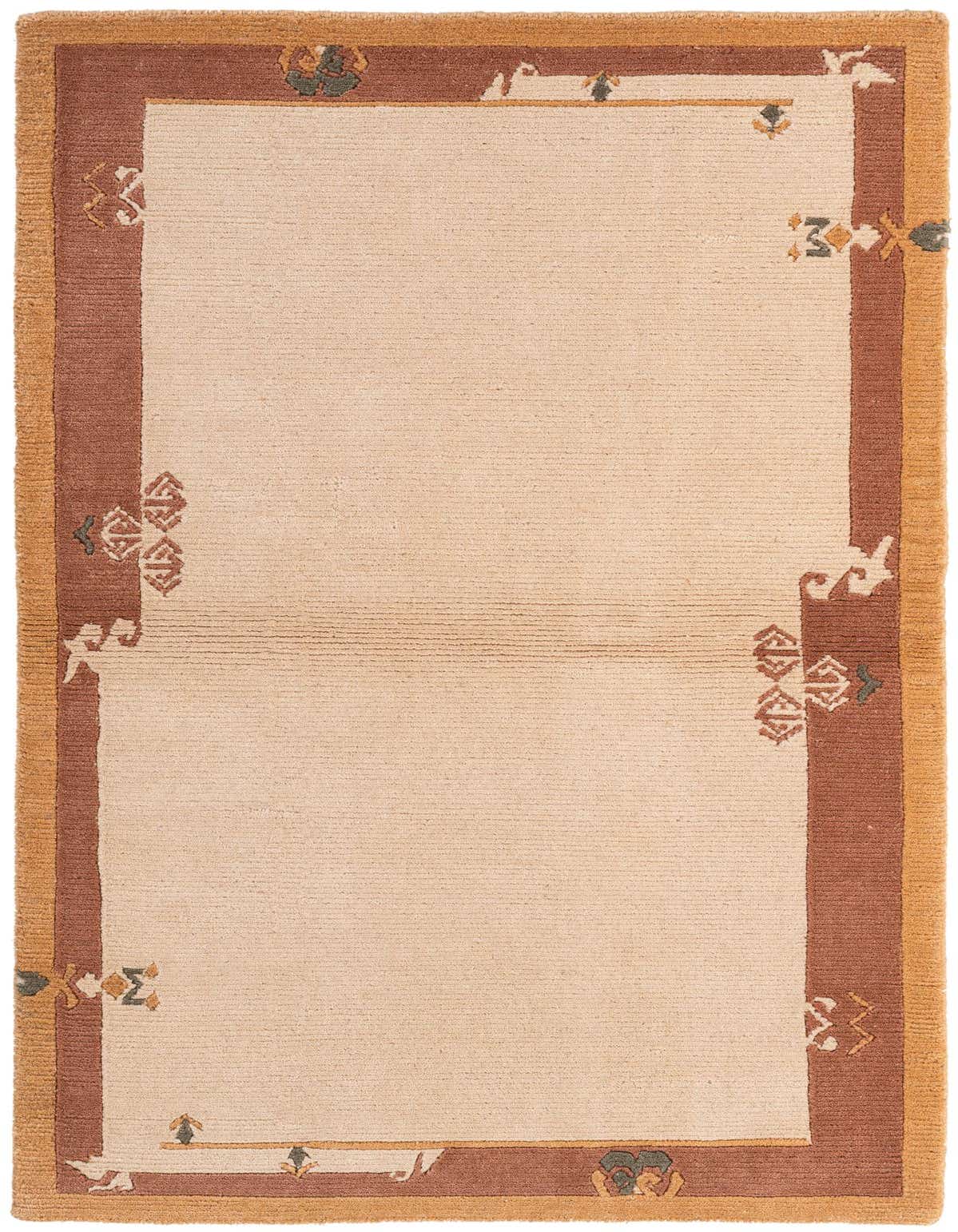 A 3x5 rectangular Nepal rug from Rugs.com, featuring a cream field with a wide rust-brown border and abstract, oriental-inspired motifs in muted tones.