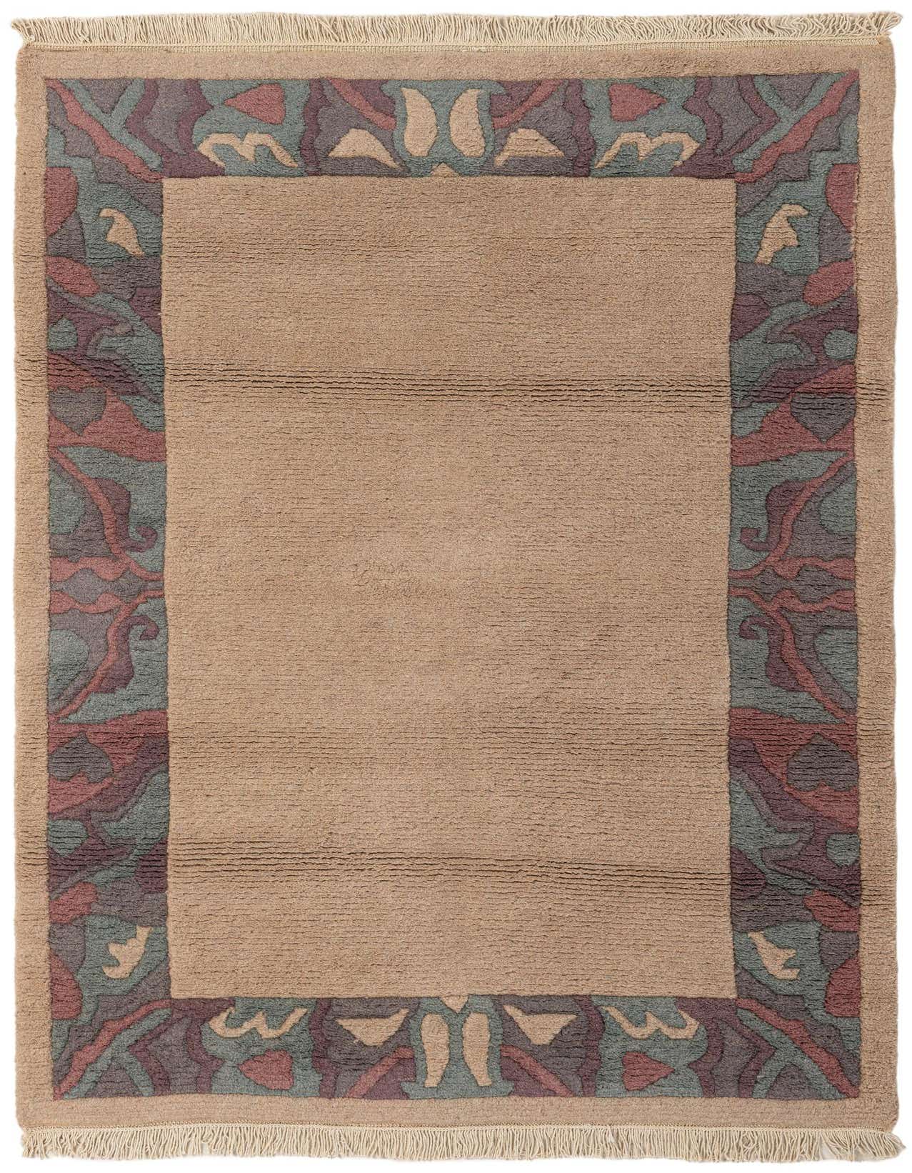 A rectangular 4x6 ivory wool rug with a modern abstract border in shades of teal, red, and purple.