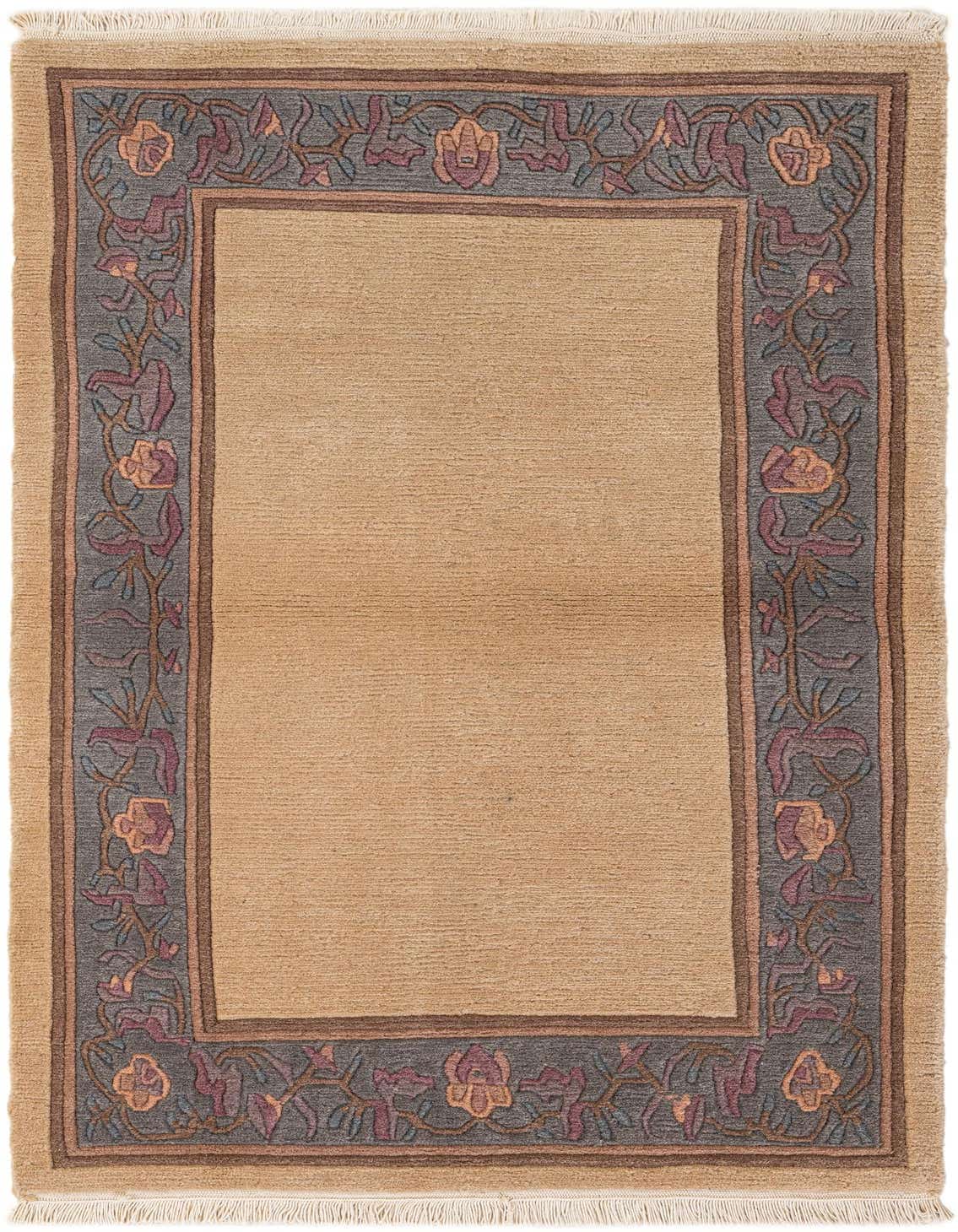 A 3x5 rectangular ivory wool rug with a grey-blue border featuring an abstract floral and vine pattern in pink, purple, and orange.