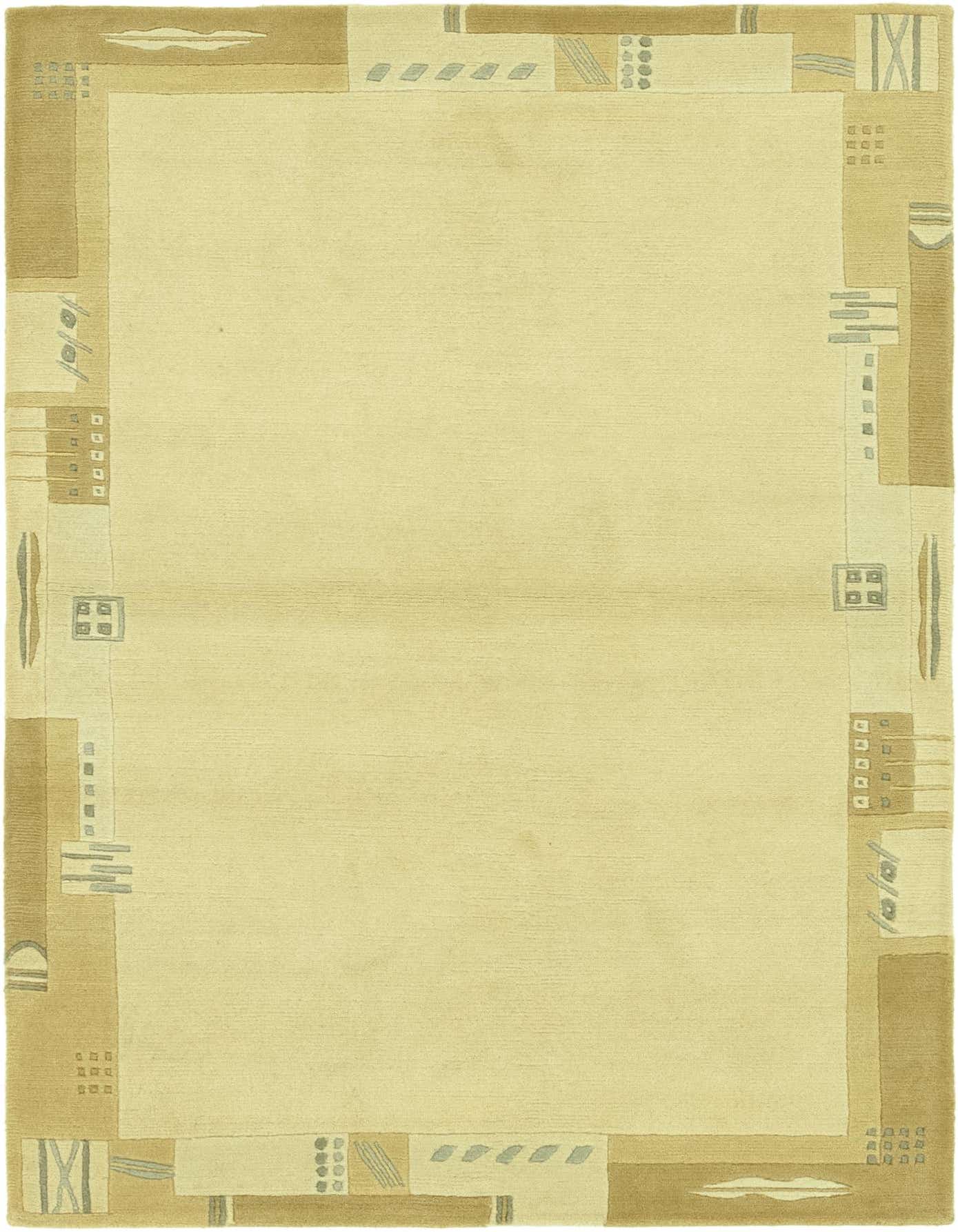 A 4x6 rectangular ivory wool rug with a modern abstract border in shades of cream, beige, and light gray.