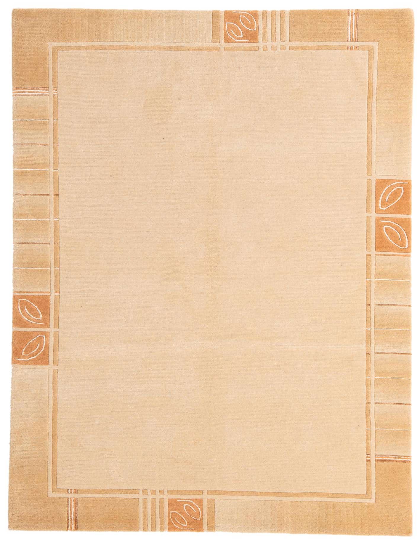 A 5x7 rectangular ivory and cream modern wool and silk rug with a subtle abstract border pattern.