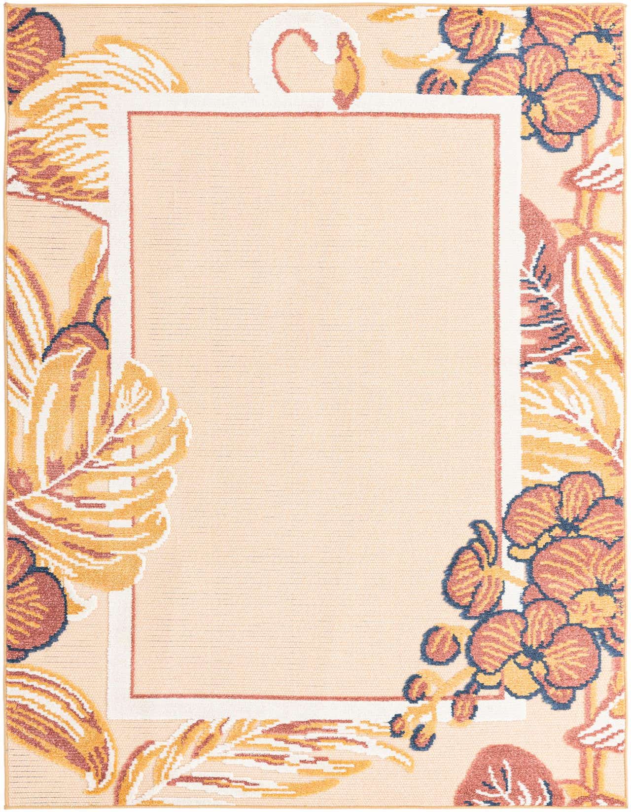 A 5x8 rectangular ivory indoor/outdoor rug with a modern floral border in orange, gold, and blue, featuring large leaves and blossoms.