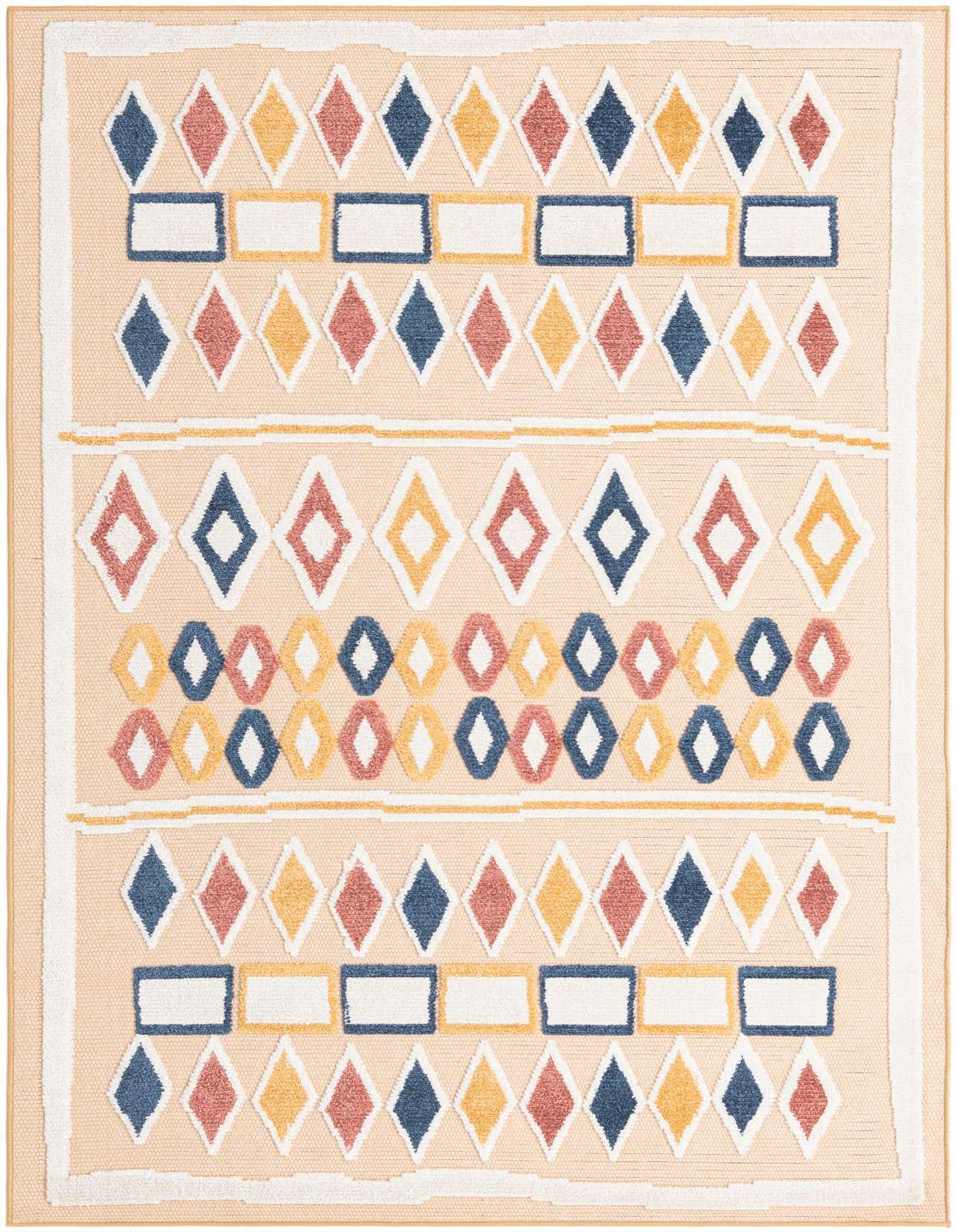 A 5x8 rectangular ivory modern rug with a geometric pattern of blue, rust, and yellow diamonds and rectangles, suitable for indoor or outdoor use.