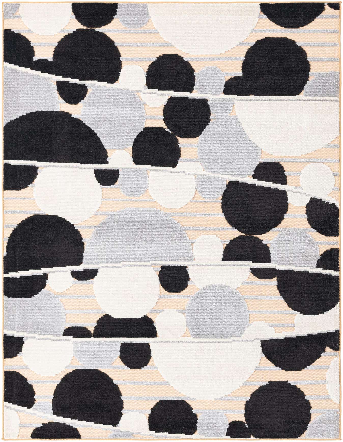 A 5x8 rectangular ivory, black, and gray modern flatweave rug with a playful, abstract polka dot pattern.