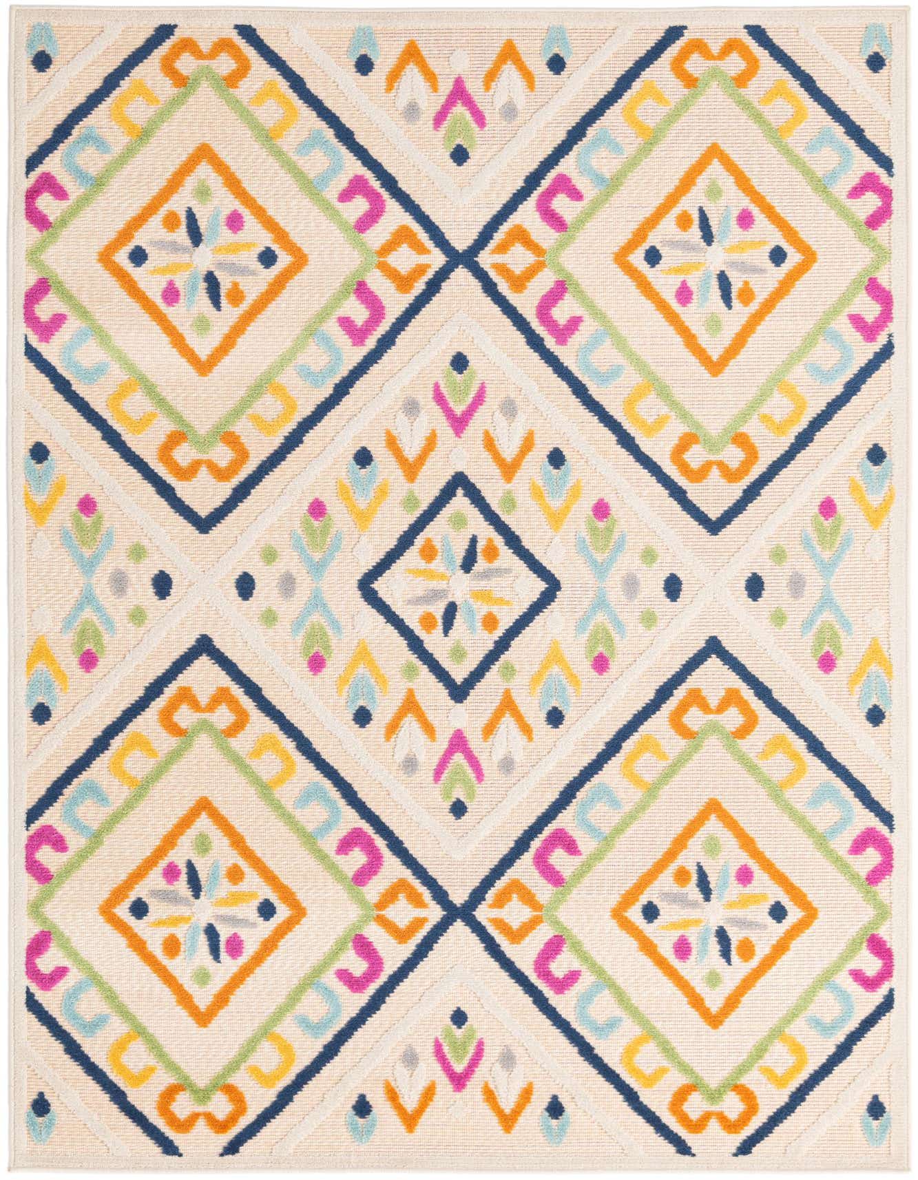 A 5x8 rectangular ivory indoor/outdoor rug with a vibrant modern geometric pattern of diamonds and abstract shapes in navy, orange, green, and pink.